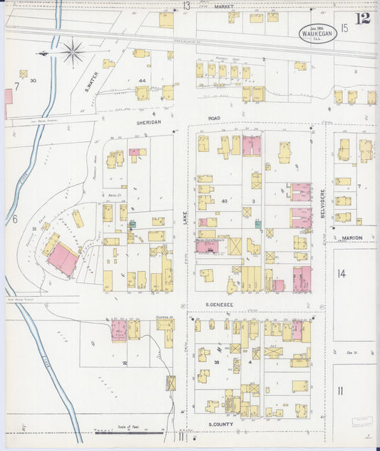 Sanborn Fire Insurance Map from Waukegan, Lake County, Illinois (1906), Sheet #0012 - Historic Sanborn Fire Insurance Map Print, vintage old map wall art, antique decor, genealogy gift, Illinois Illinois map