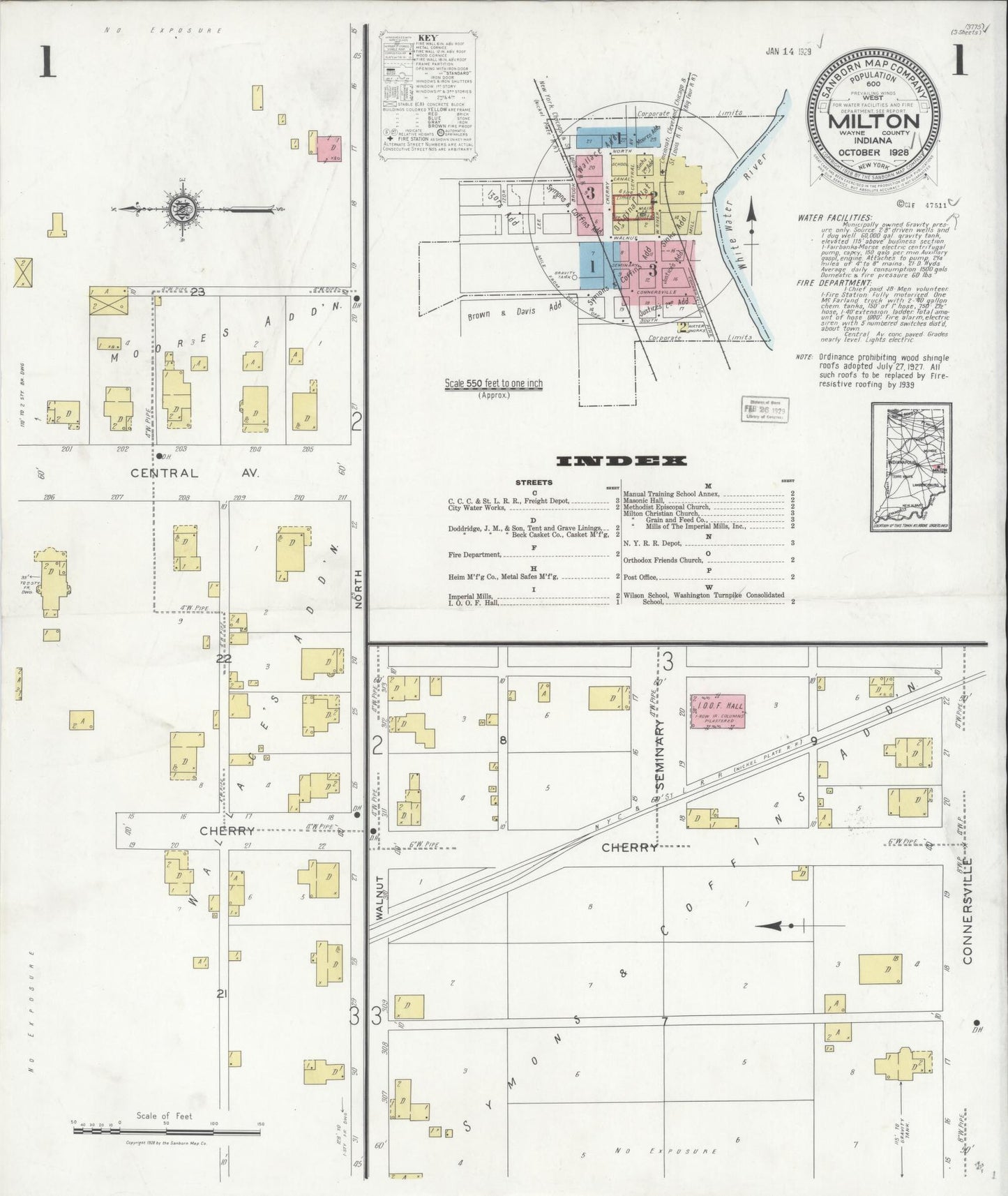 Sanborn Fire Insurance Map from Milton, Wayne County, Indiana (1928), Sheet #0001 - Historic Sanborn Fire Insurance Map Print, vintage old map wall art, antique decor, genealogy gift, Indiana Indiana map