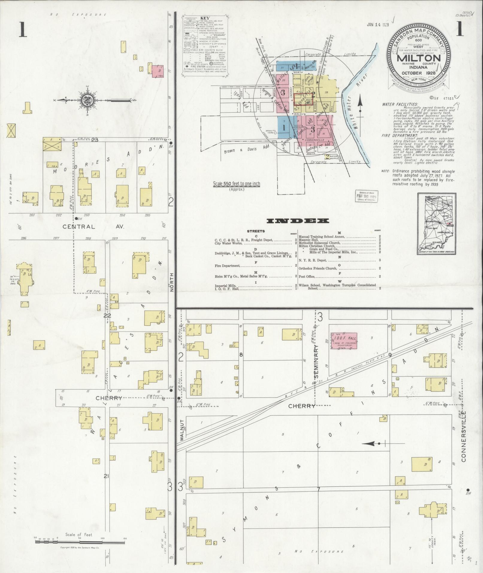 Sanborn Fire Insurance Map from Milton, Wayne County, Indiana (1928), Sheet #0001 - Historic Sanborn Fire Insurance Map Print, vintage old map wall art, antique decor, genealogy gift, Indiana Indiana map