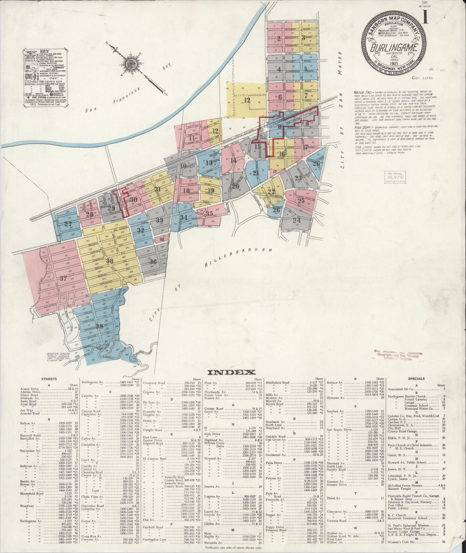 Sanborn Fire Insurance Map from Burlingame, San Mateo County, California (1921), Sheet #0001 - Complete Map Set gallery image, historic Sanborn map, vintage wall art, California California