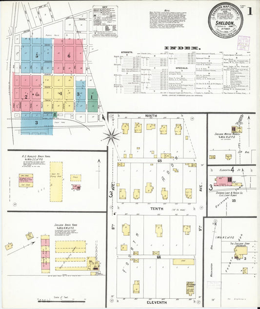 Sanborn Fire Insurance Map from Sheldon, O'Brien County, Iowa (1901), Sheet #0001 - Historic Sanborn Fire Insurance Map Print, vintage old map wall art