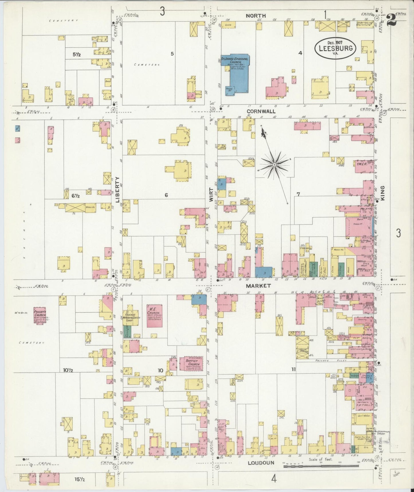 Sanborn Fire Insurance Map from Leesburg, Loudoun County, Virginia (1907), Sheet #0002 - Historic Sanborn Fire Insurance Map Print, vintage old map wall art, antique decor, genealogy gift, Virginia Virginia map