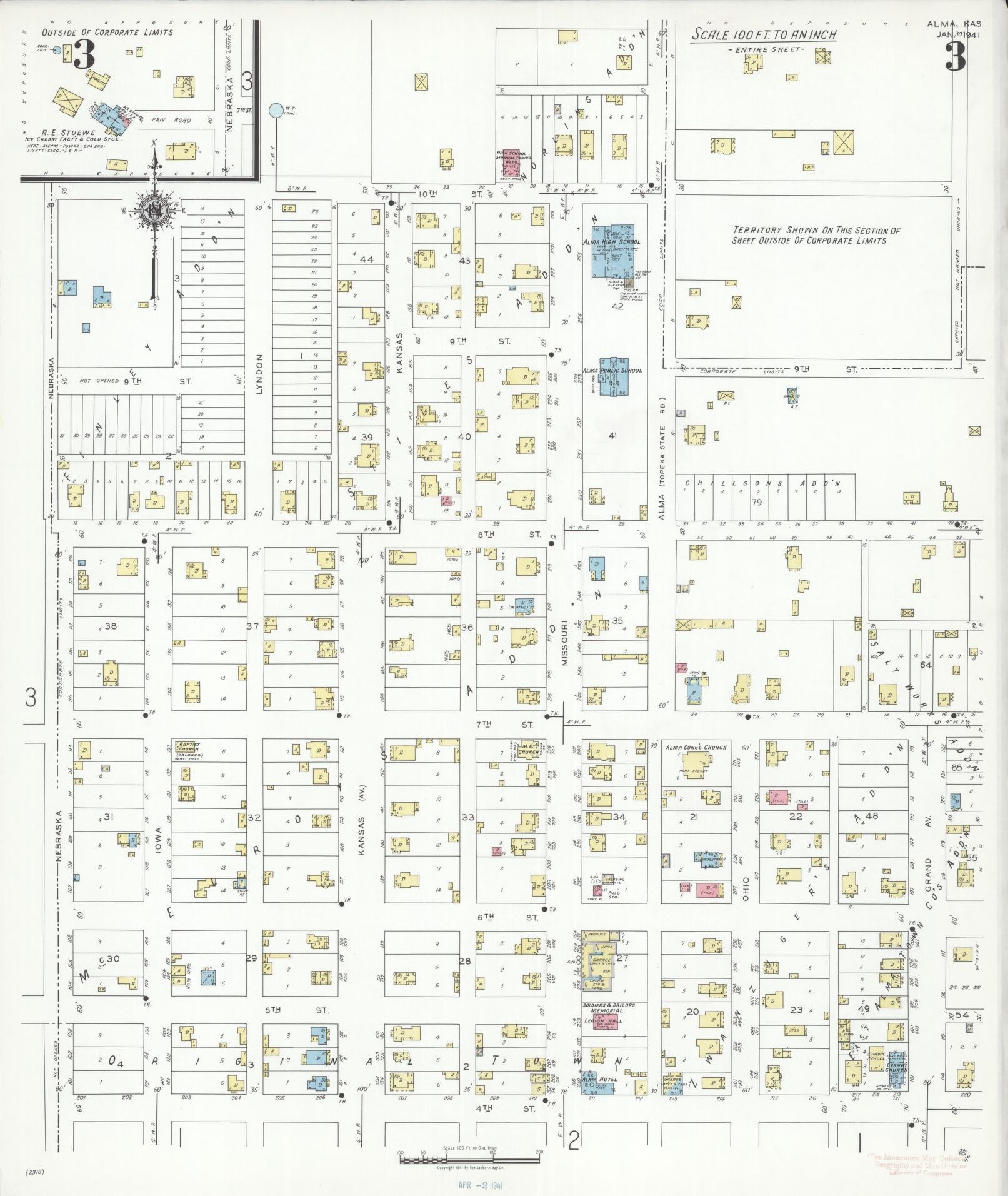 Sanborn Fire Insurance Map from Alma, Wabaunsee County, Kansas (1941), Sheet #0003 - Historic Sanborn Fire Insurance Map Print, vintage old map wall art, antique decor, genealogy gift, Kansas Kansas map