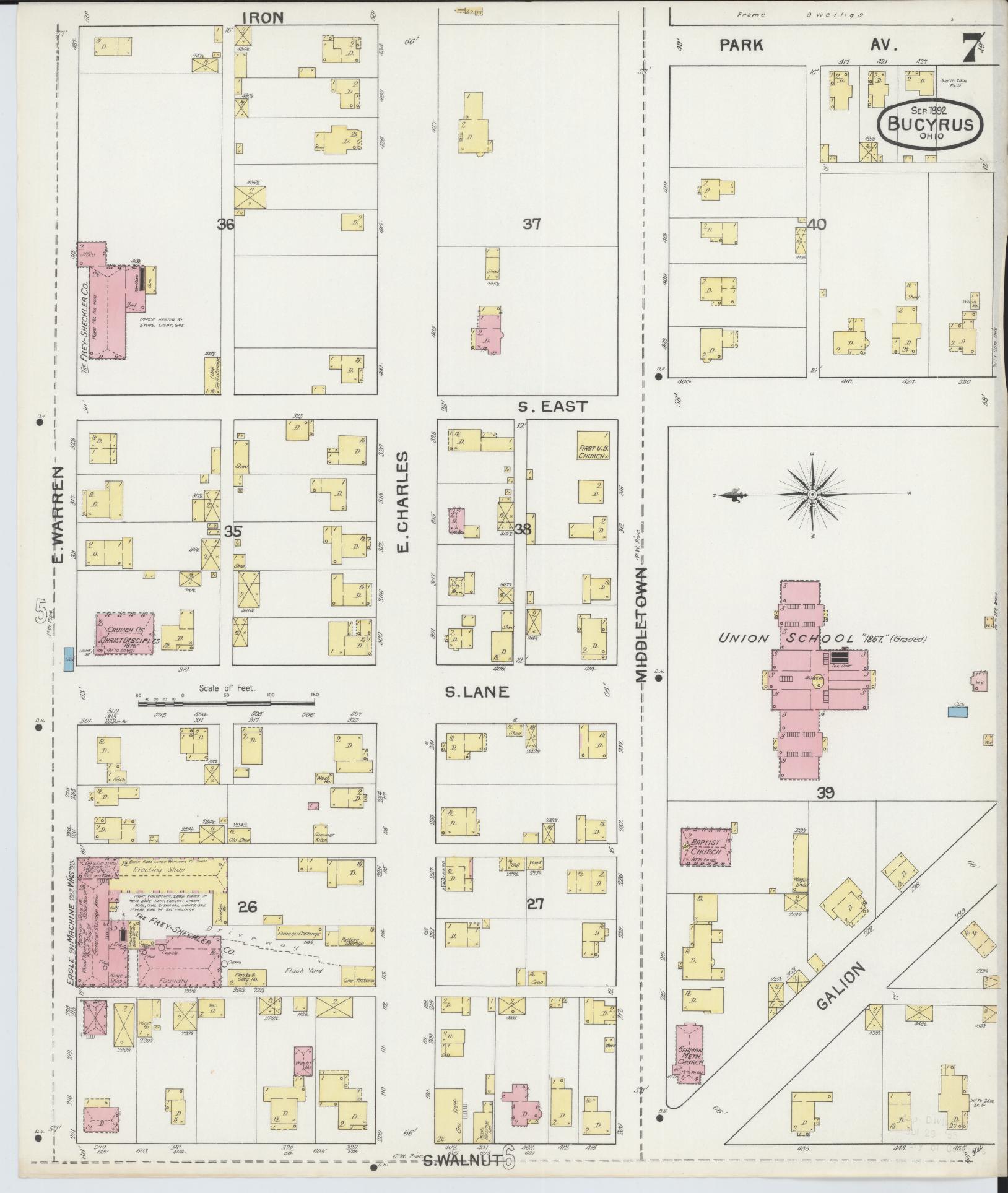 Sanborn Fire Insurance Map from Bucyrus, Crawford County, Ohio (1892), Sheet #0007 - Complete Map Set gallery image, historic Sanborn map, vintage wall art, Ohio Ohio