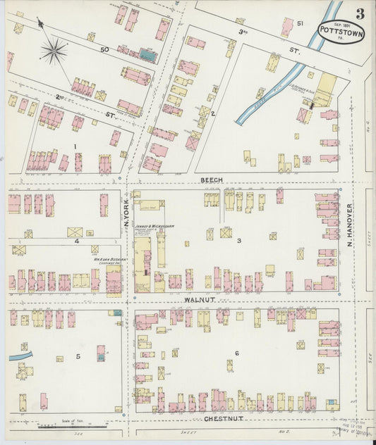 Sanborn Fire Insurance Map from Pottstown, Montgomery County, Pennsylvania (1891), Sheet #0003 - Historic Sanborn Fire Insurance Map Print, vintage old map wall art, antique decor, genealogy gift, Pennsylvania Pennsylvania map