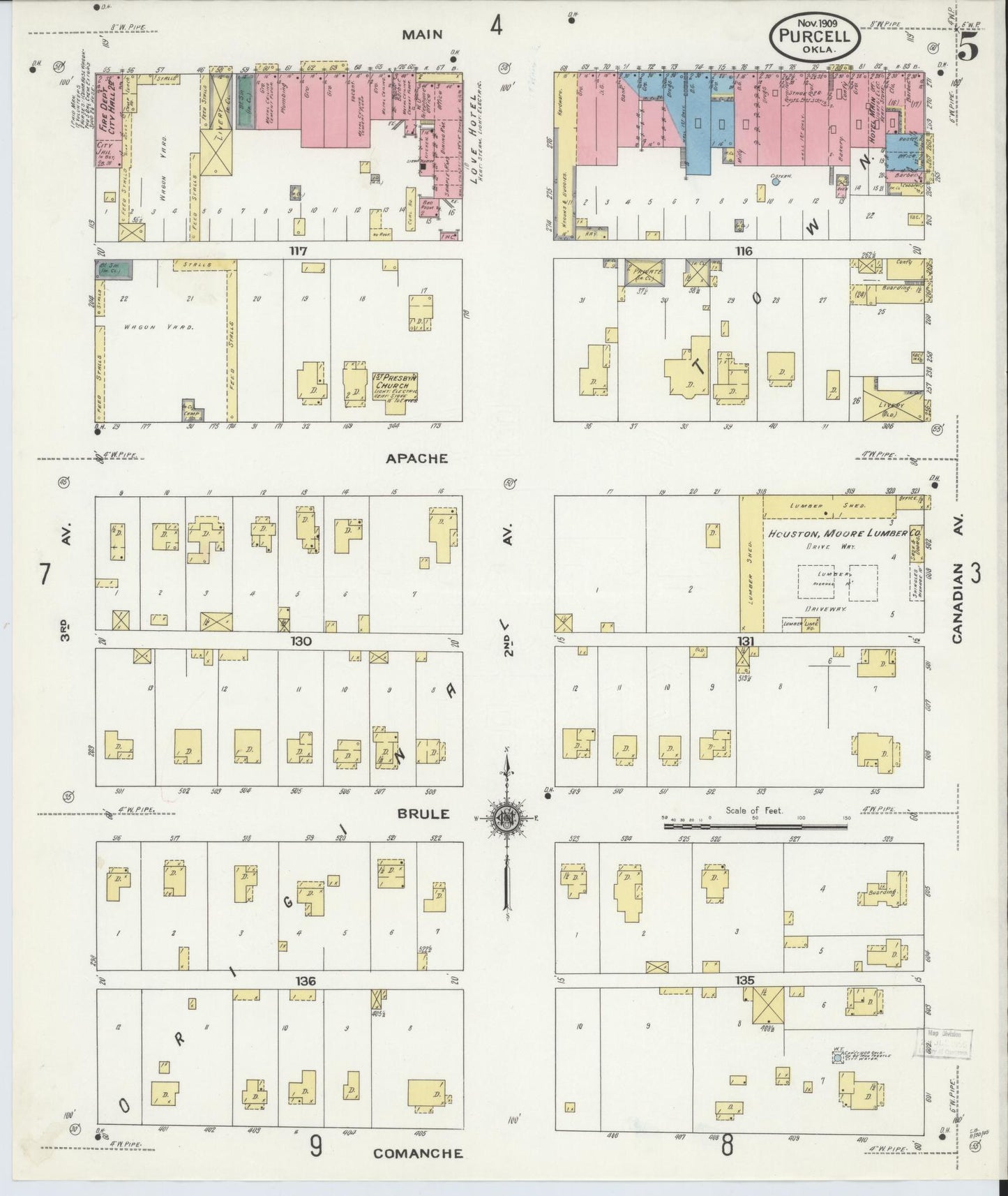 Sanborn Fire Insurance Map from Purcell, McClain County, Oklahoma (1909), Sheet #0005 - Historic Sanborn Fire Insurance Map Print, vintage old map wall art, antique decor, genealogy gift, Oklahoma Oklahoma map