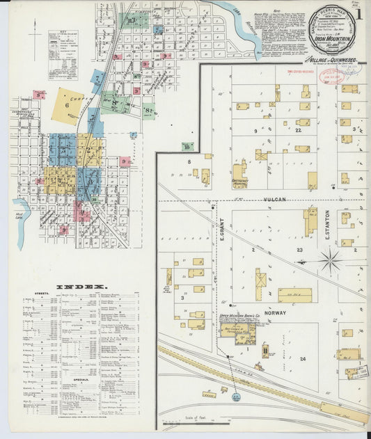 Sanborn Fire Insurance Map from Iron Mountain, Dickinson County, Michigan (1897), Sheet #0001 - Historic Sanborn Fire Insurance Map Print, vintage old map wall art, antique decor, genealogy gift, Michigan Michigan map