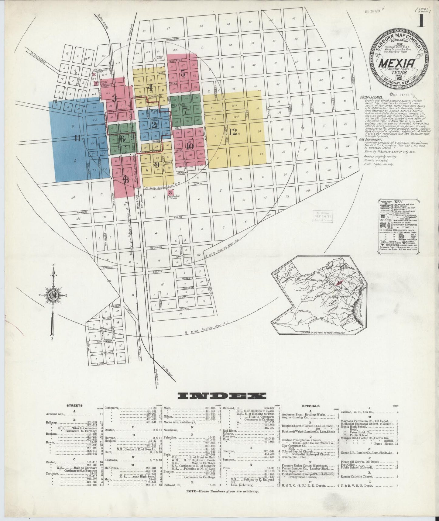 Sanborn Fire Insurance Map from Mexia, Limestone County, Texas (1921), Sheet #0001 - Complete Map Set gallery image, historic Sanborn map, vintage wall art, Texas Texas
