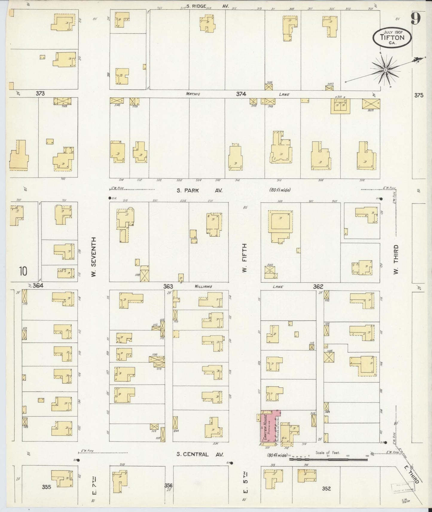 Sanborn Fire Insurance Map from Tifton, Tift County, Georgia (1907), Sheet #0009 - Complete Map Set gallery image, historic Sanborn map, vintage wall art, Georgia Georgia
