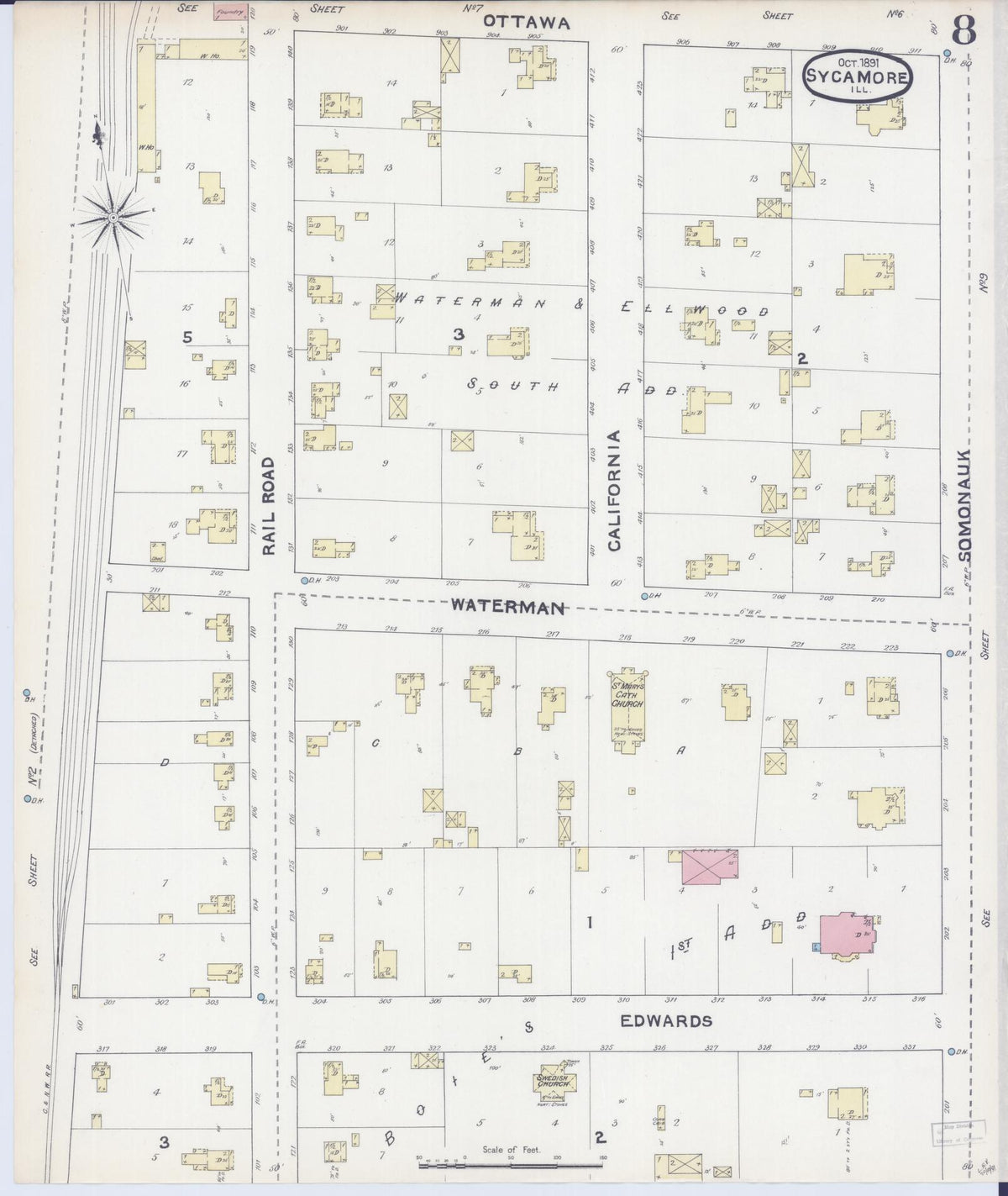 Sanborn Fire Insurance Map from Sycamore, De Kalb County, Illinois (1891), Sheet #0008 - Complete Map Set gallery image, historic Sanborn map, vintage wall art, Illinois Illinois