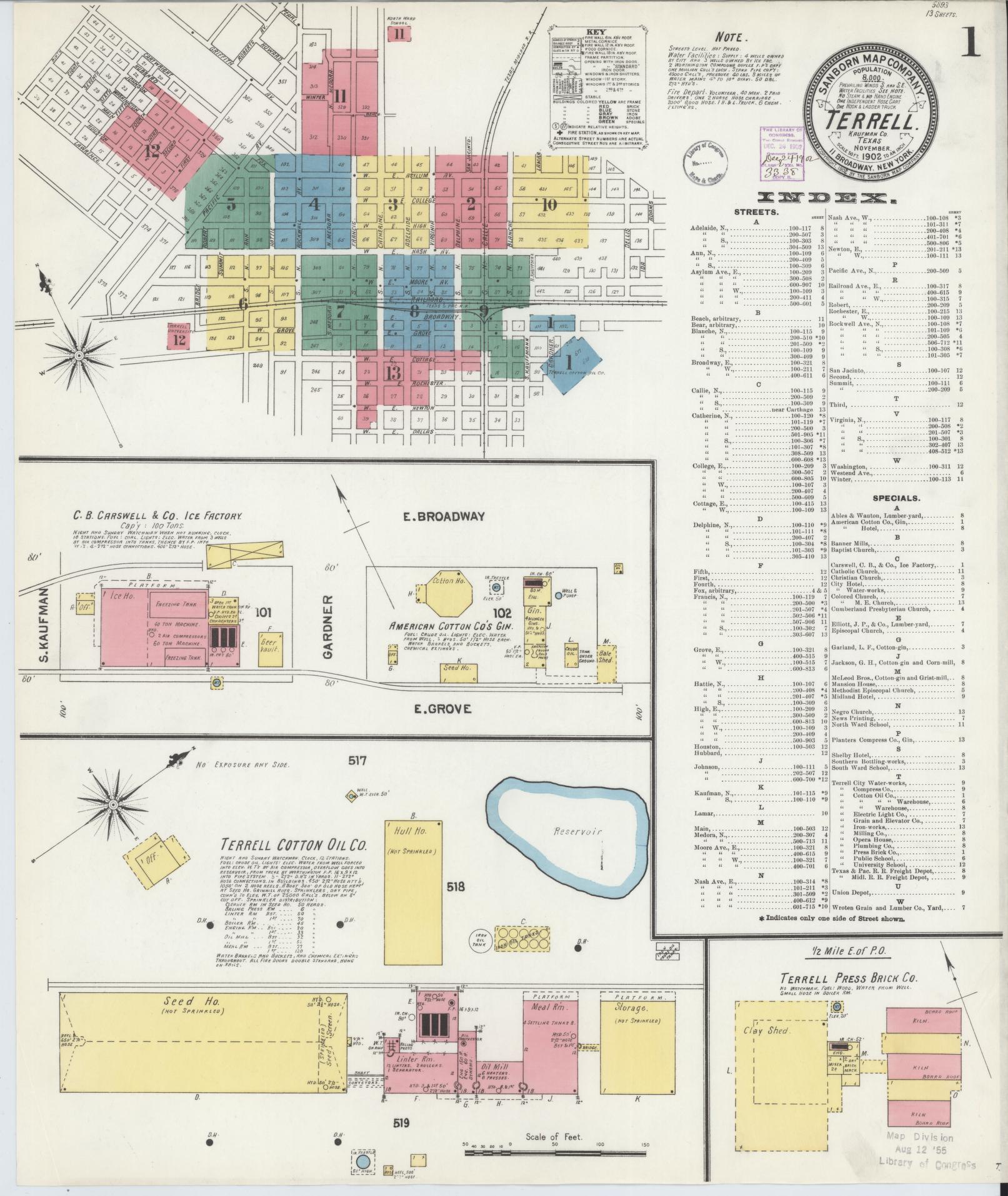 Sanborn Fire Insurance Map from Terrell, Kaufman County, Texas (1902), Sheet #0001 - Historic Sanborn Fire Insurance Map Print, vintage old map wall art, antique decor, genealogy gift, Texas Texas map