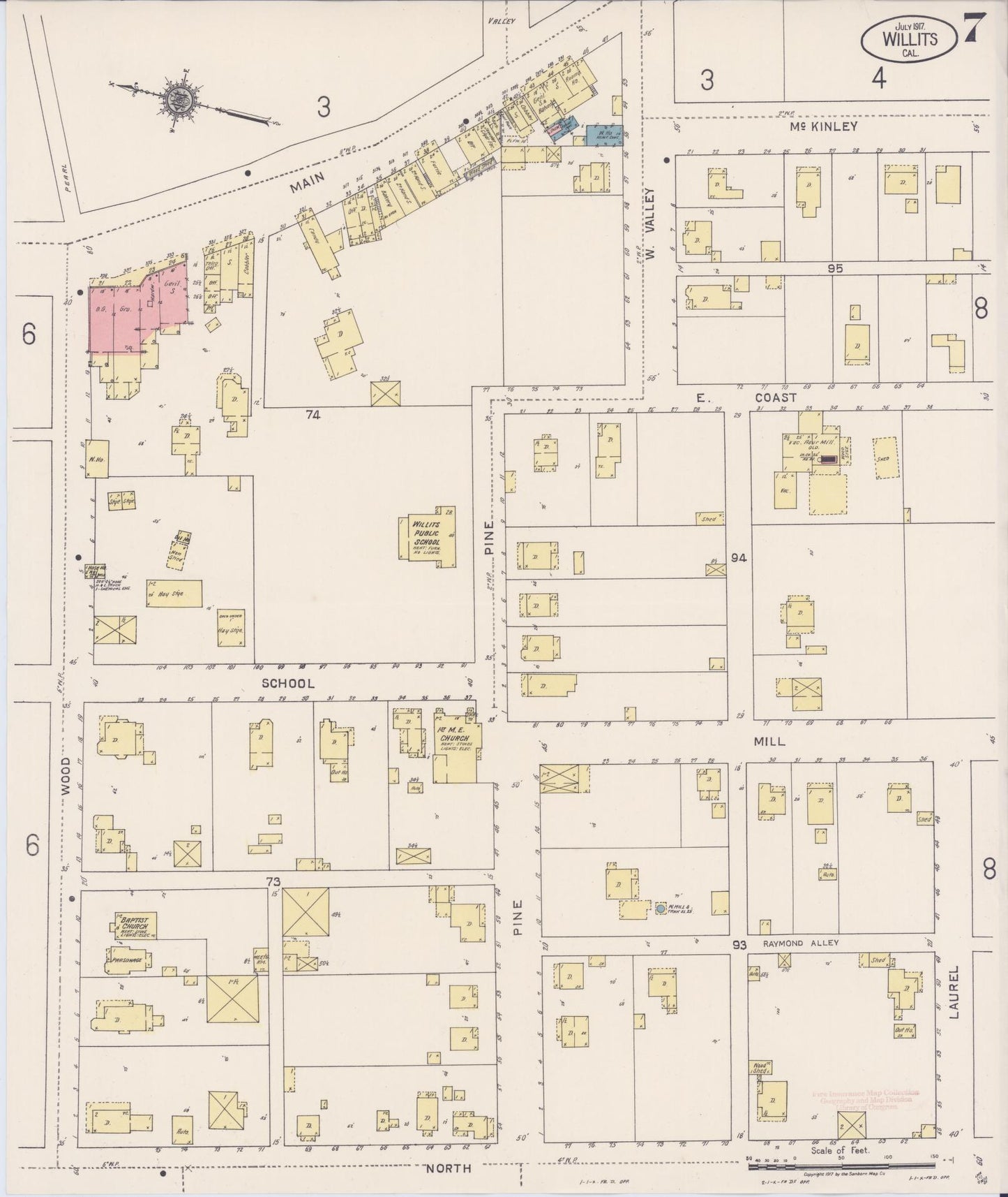 Sanborn Fire Insurance Map from Willits, Mendocino County, California (1917), Sheet #0007 - Complete Map Set gallery image, historic Sanborn map, vintage wall art, California California