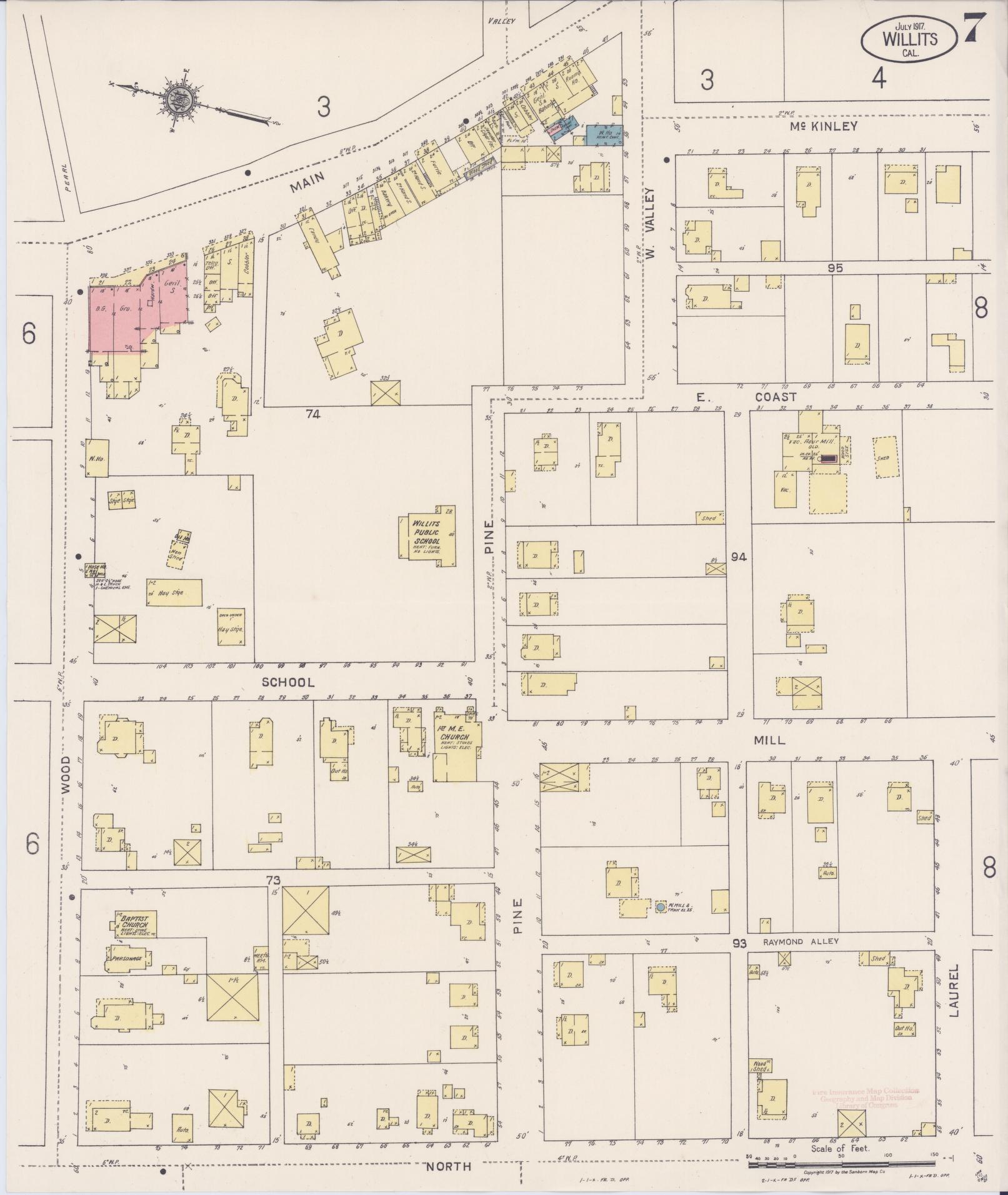 Sanborn Fire Insurance Map from Willits, Mendocino County, California (1917), Sheet #0007 - Complete Map Set gallery image, historic Sanborn map, vintage wall art, California California
