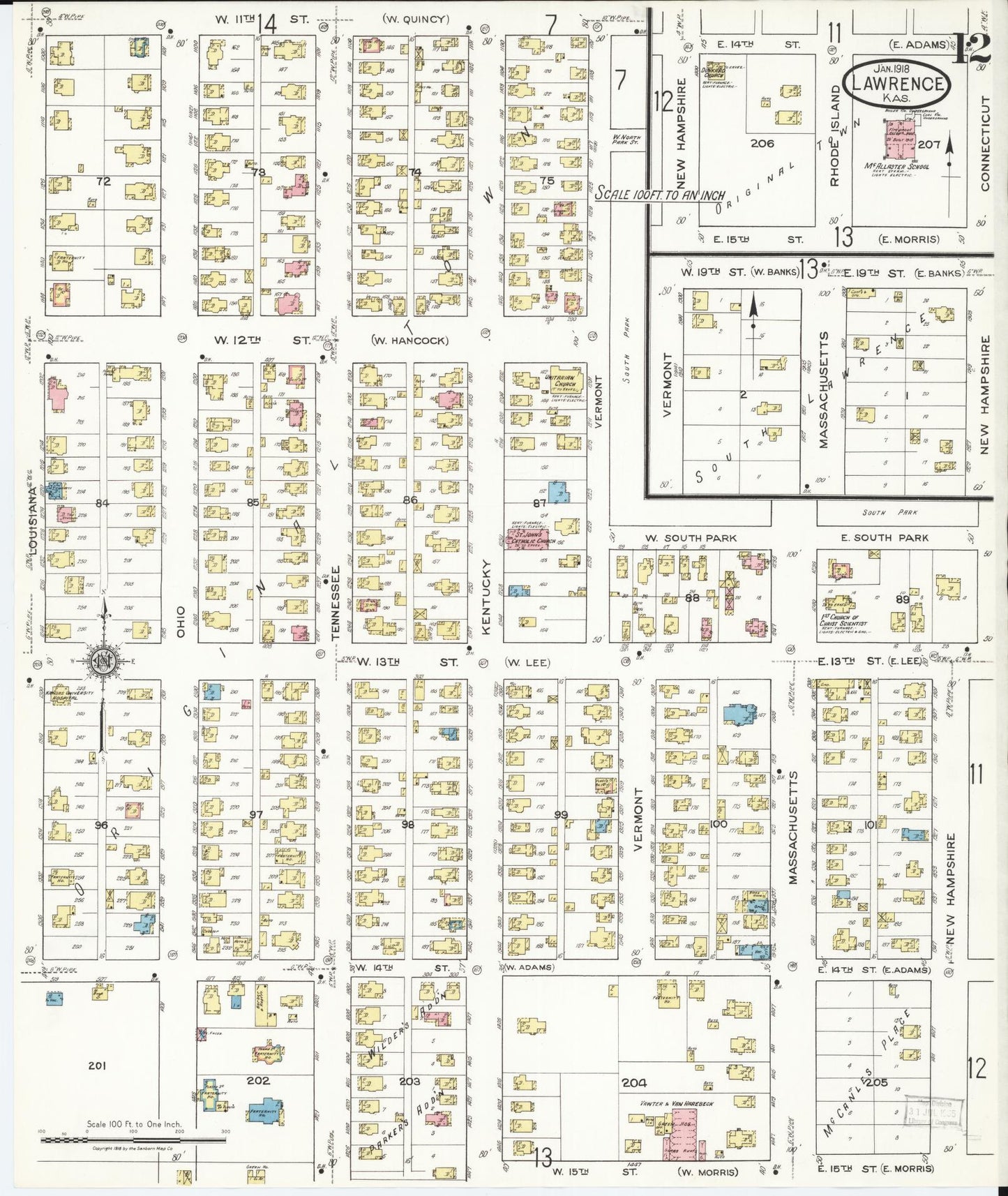 Sanborn Fire Insurance Map from Lawrence, Douglas County, Kansas (1918), Sheet #0012 - Complete Map Set gallery image, historic Sanborn map, vintage wall art, Kansas Kansas