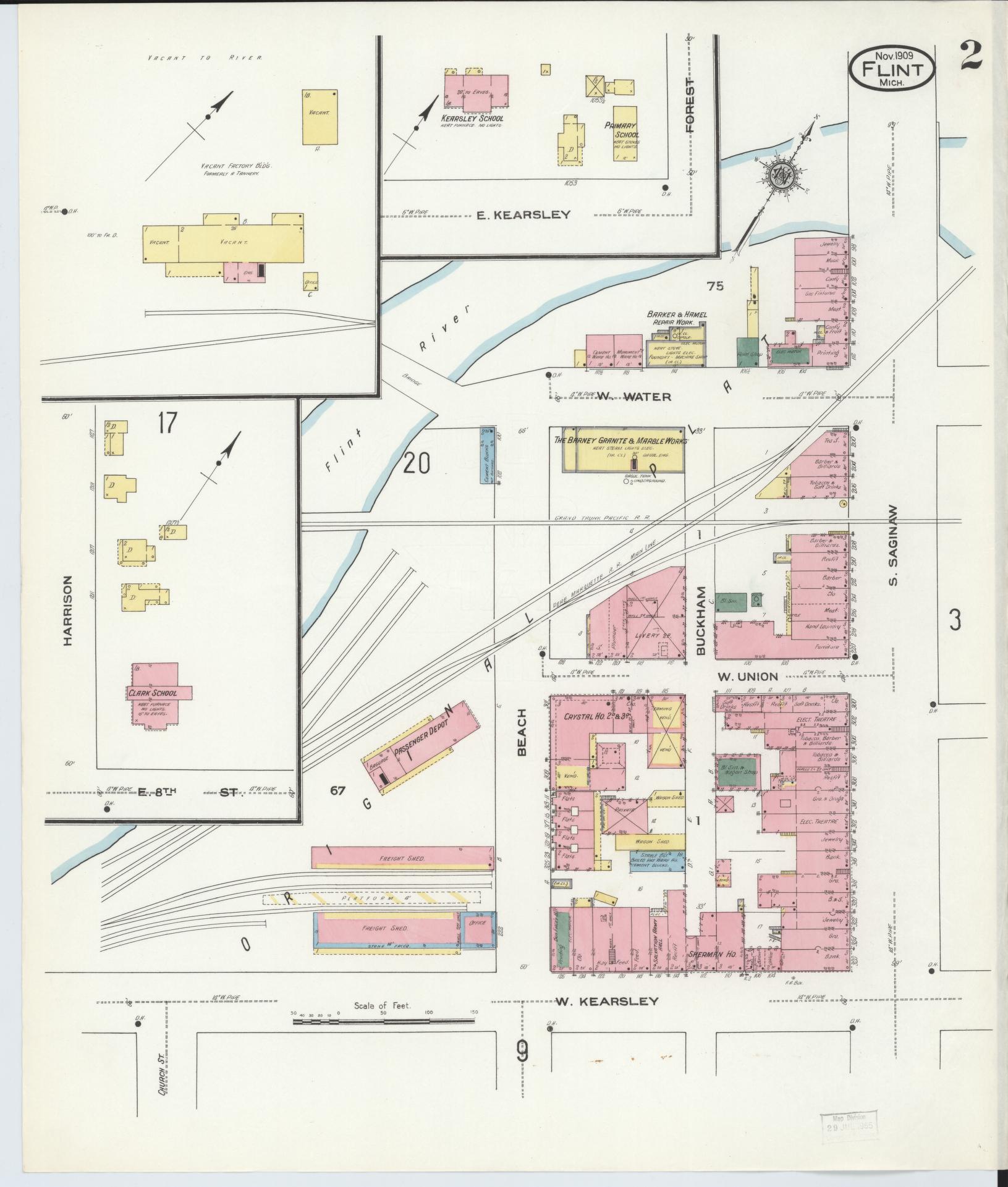 Sanborn Fire Insurance Map from Flint, Genesee County, Michigan (1909), Sheet #0002 - Historic Sanborn Fire Insurance Map Print, vintage old map wall art, antique decor, genealogy gift, Michigan Michigan map