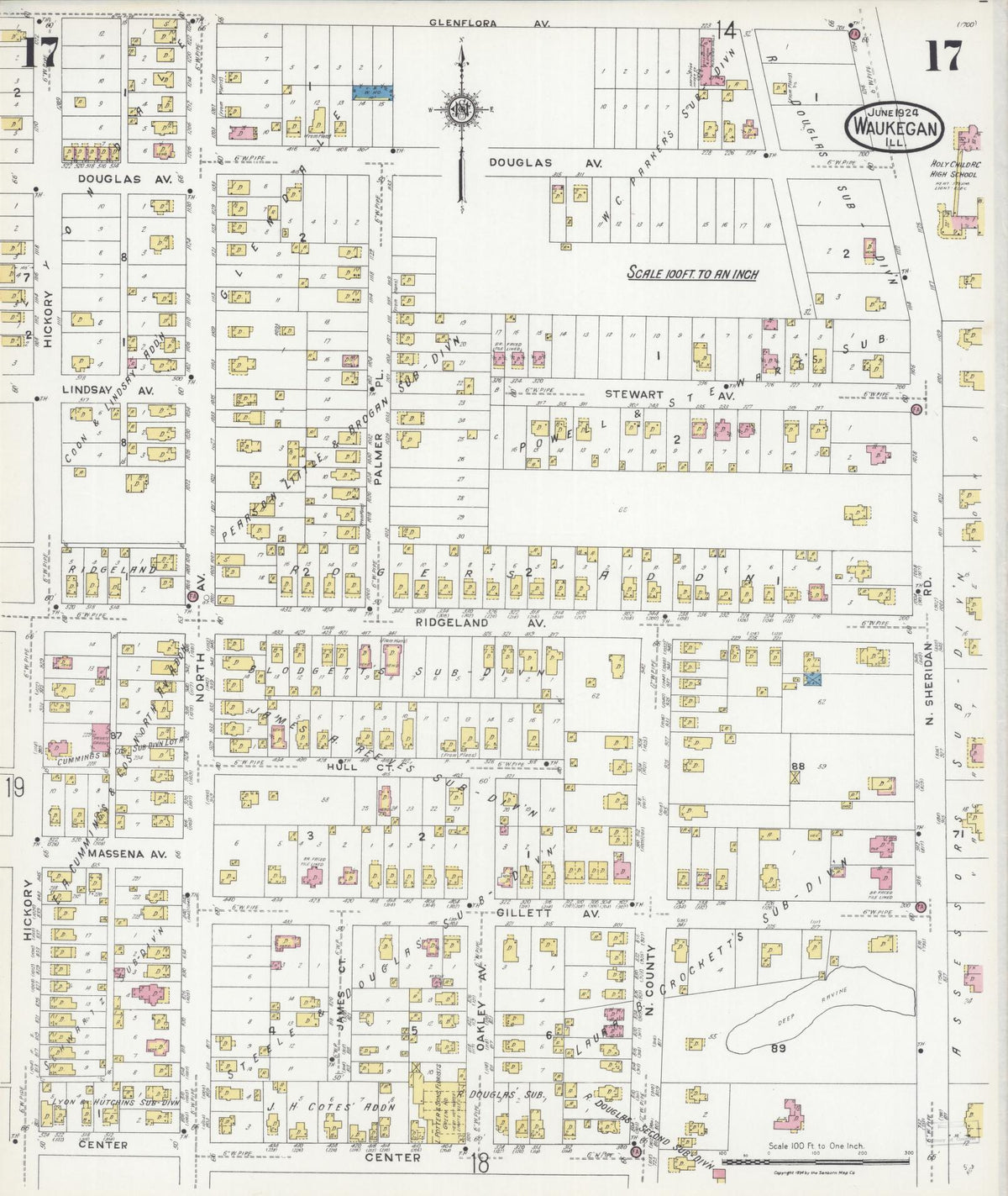 Sanborn Fire Insurance Map from Waukegan, Lake County, Illinois (1924), Sheet #0017 - Complete Map Set gallery image, historic Sanborn map, vintage wall art, Illinois Illinois