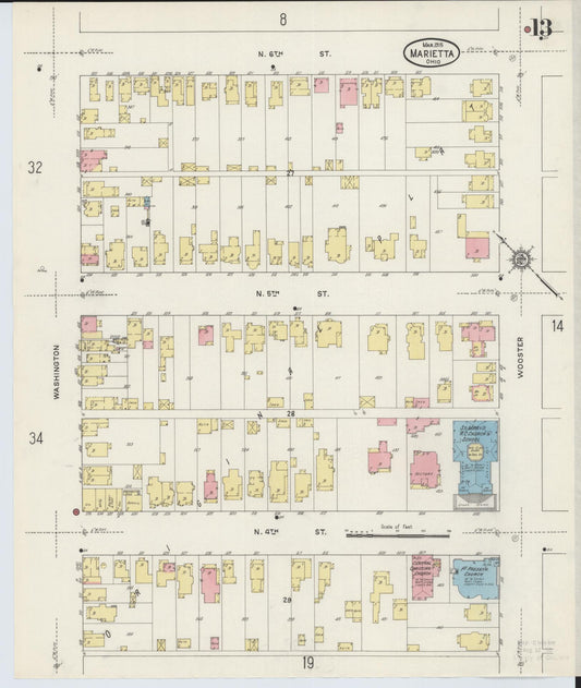 Sanborn Fire Insurance Map from Marietta, Washington County, Ohio (1915), Sheet #0013 - Historic Sanborn Fire Insurance Map Print, vintage old map wall art, antique decor, genealogy gift, Ohio Ohio map