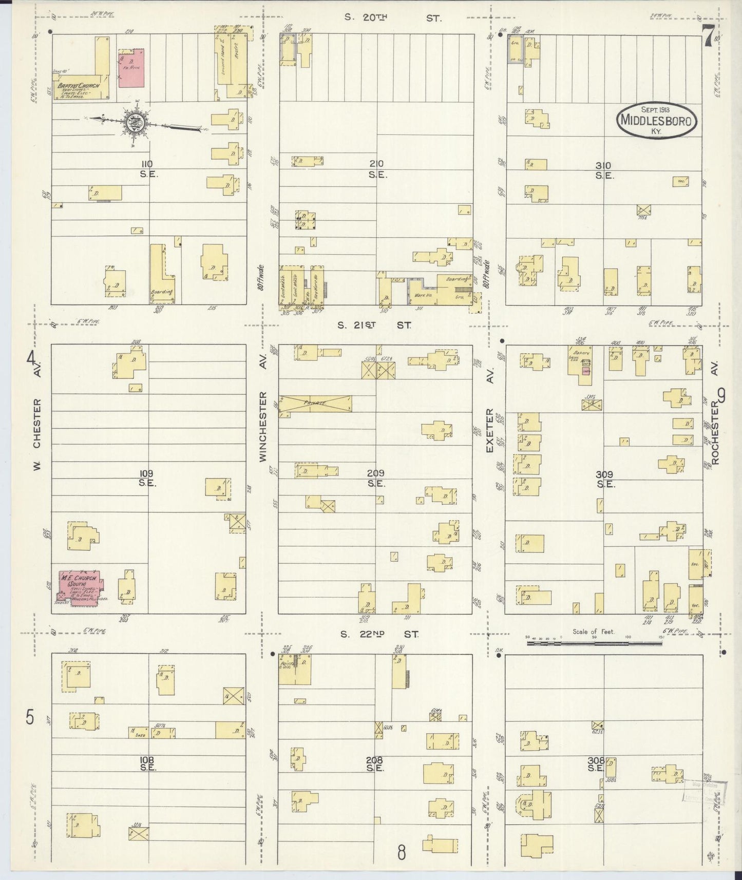 Sanborn Fire Insurance Map from Middlesboro, Bell County, Kentucky (1913), Sheet #0007 - Historic Sanborn Fire Insurance Map Print, vintage old map wall art, antique decor, genealogy gift, Kentucky Kentucky map