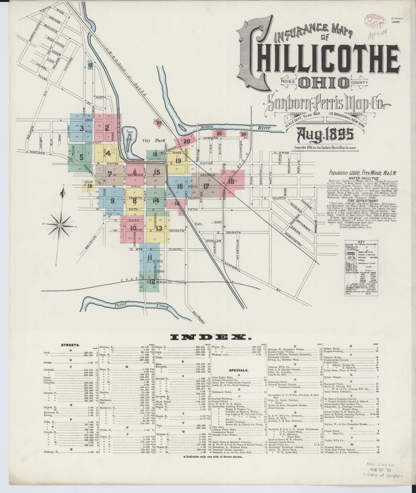 Sanborn Fire Insurance Map from Chillicothe, Ross County, Ohio (1895), Sheet #0001 - Historic Sanborn Fire Insurance Map Print, vintage old map wall art, antique decor, genealogy gift, Ohio Ohio map
