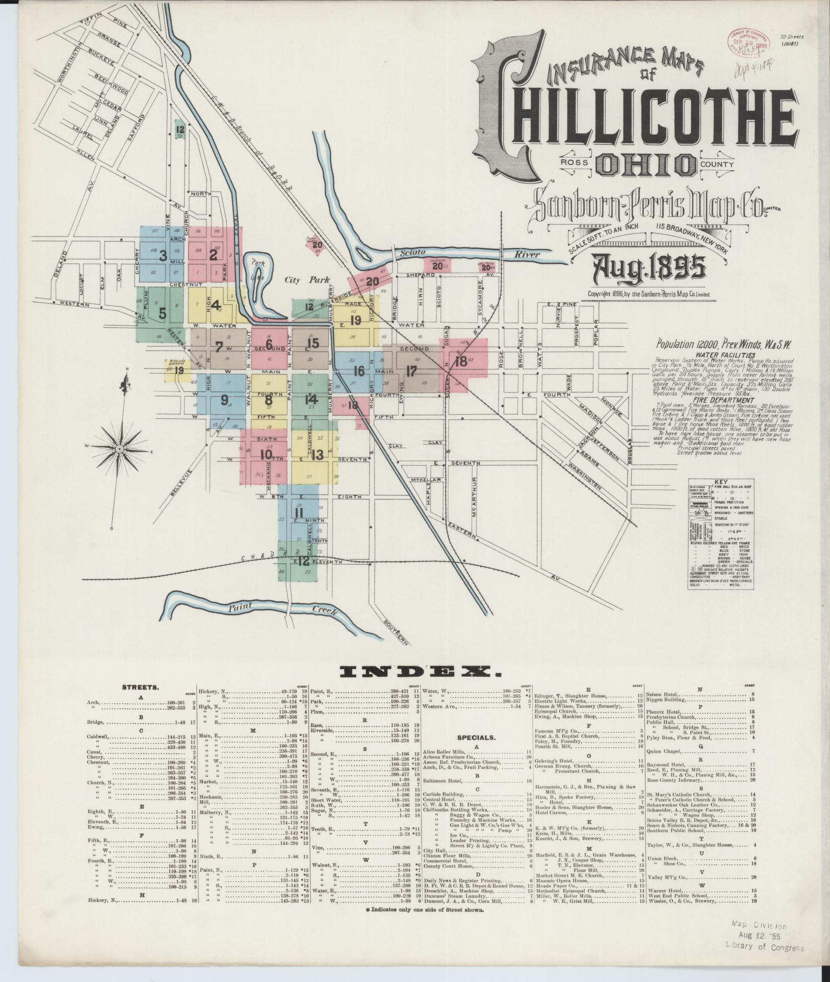 Sanborn Fire Insurance Map from Chillicothe, Ross County, Ohio (1895), Sheet #0001 - Historic Sanborn Fire Insurance Map Print, vintage old map wall art, antique decor, genealogy gift, Ohio Ohio map