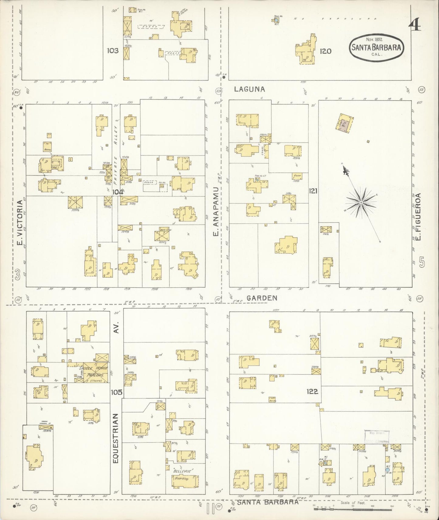 Sanborn Fire Insurance Map from Santa Barbara, Santa Barbara County, California (1892), Sheet #0004 - Complete Map Set gallery image, historic Sanborn map, vintage wall art, California California