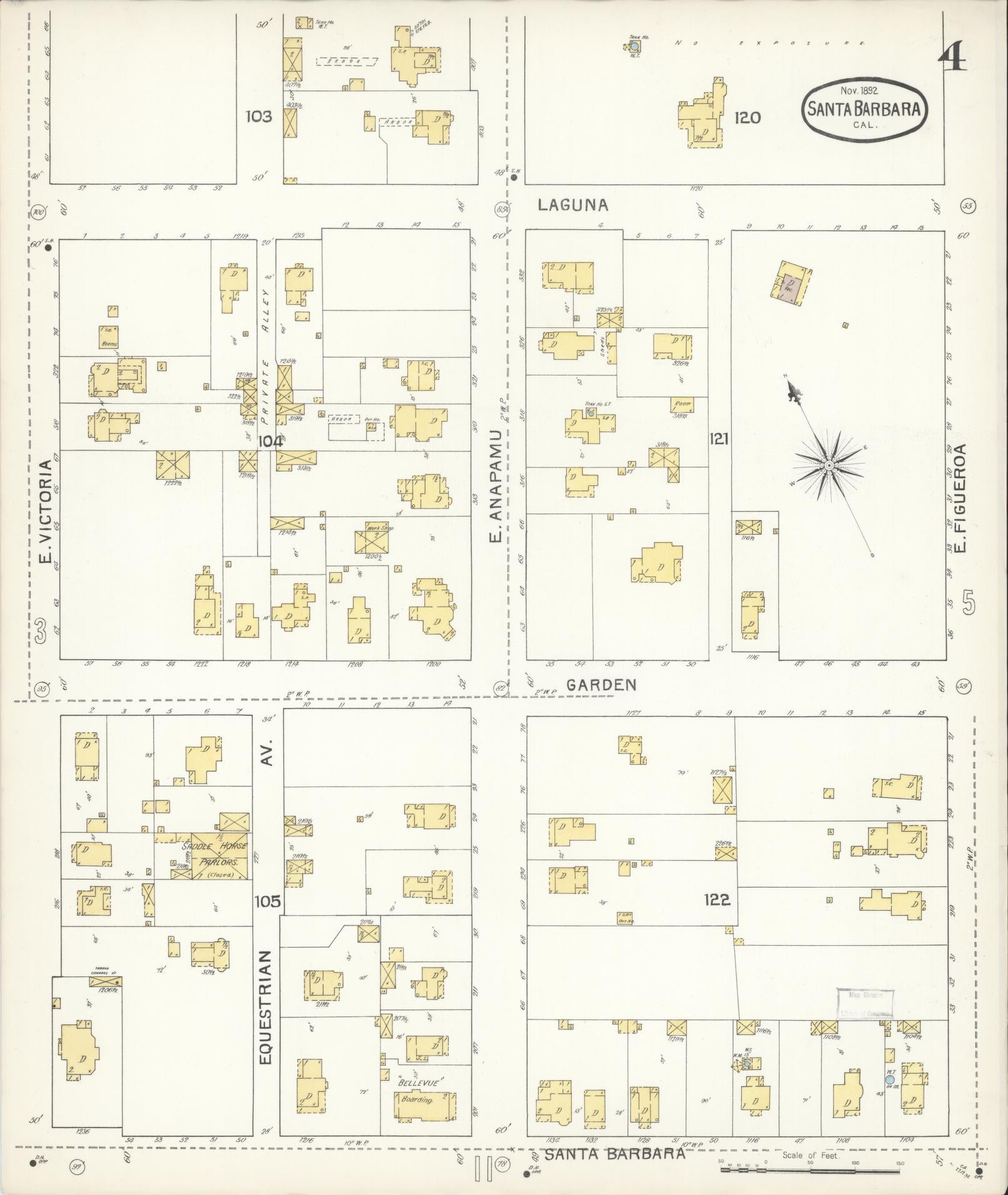 Sanborn Fire Insurance Map from Santa Barbara, Santa Barbara County, California (1892), Sheet #0004 - Complete Map Set gallery image, historic Sanborn map, vintage wall art, California California