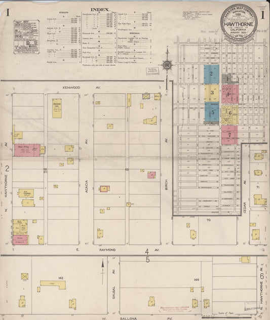 Sanborn Fire Insurance Map from Hawthorne, Los Angeles County, California (1923), Sheet #0001 - Complete Map Set gallery image, historic Sanborn map, vintage wall art, California California