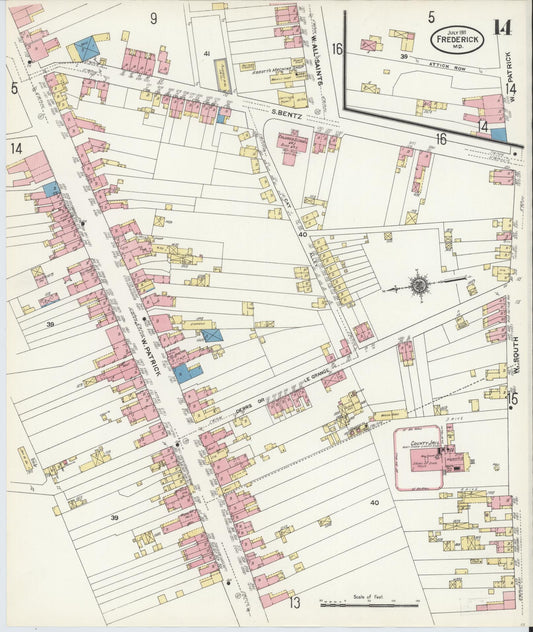 Frederick, Maryland - 1911 - Sanborn Fire Insurance Map, Sheet #0014 - Historic Sanborn Fire Insurance Map Print, Frederick Maryland 1911 0014 vintage old map wall art