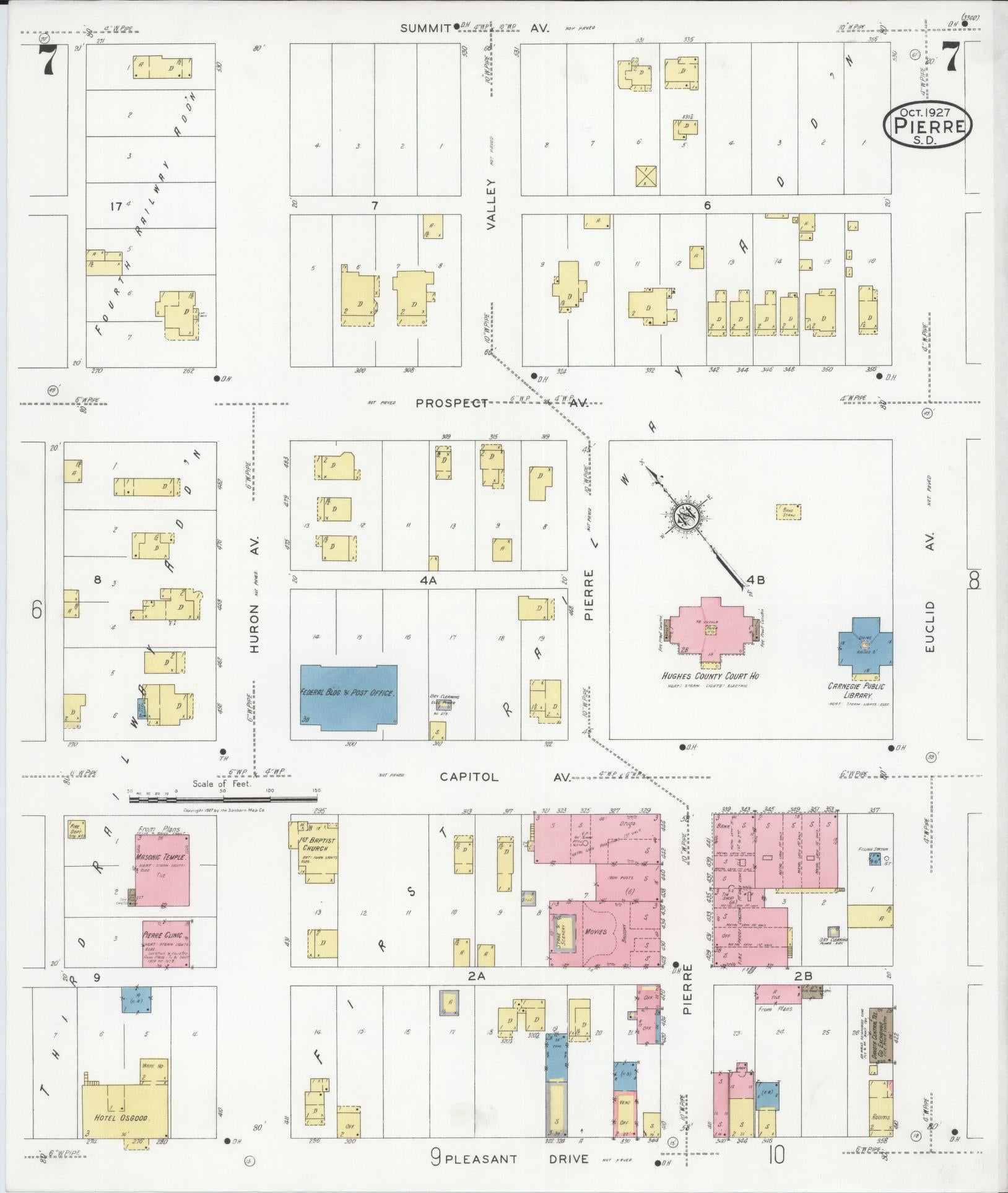 Sanborn Fire Insurance Map from Pierre, Hughes County, South Dakota (1927), Sheet #0007 - Historic Sanborn Fire Insurance Map Print, vintage old map wall art, antique decor, genealogy gift, South Dakota South Dakota map
