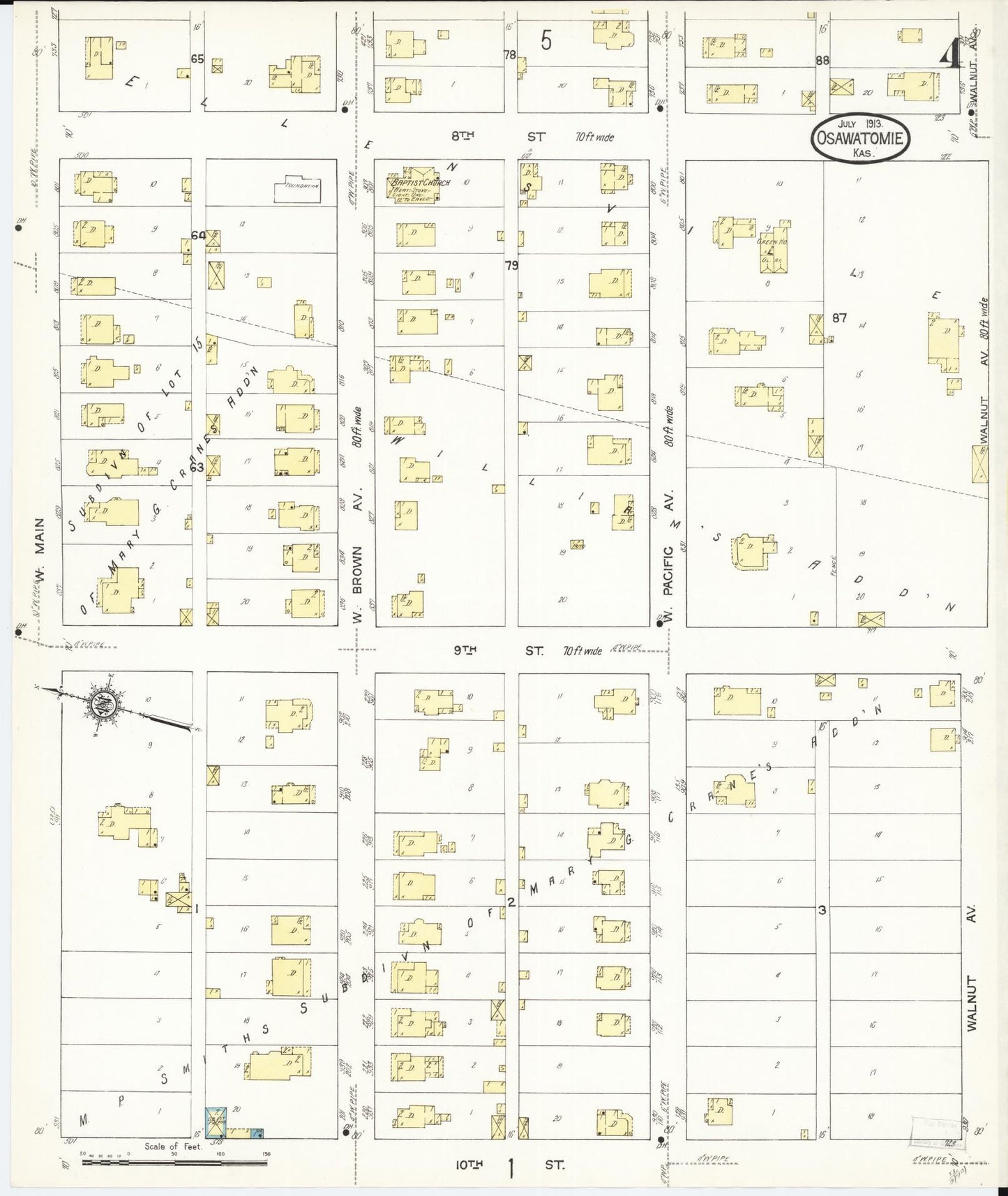 Sanborn Fire Insurance Map from Osawatomie, Miami County, Kansas (1913), Sheet #0004 - Historic Sanborn Fire Insurance Map Print, vintage old map wall art, antique decor, genealogy gift, Kansas Kansas map