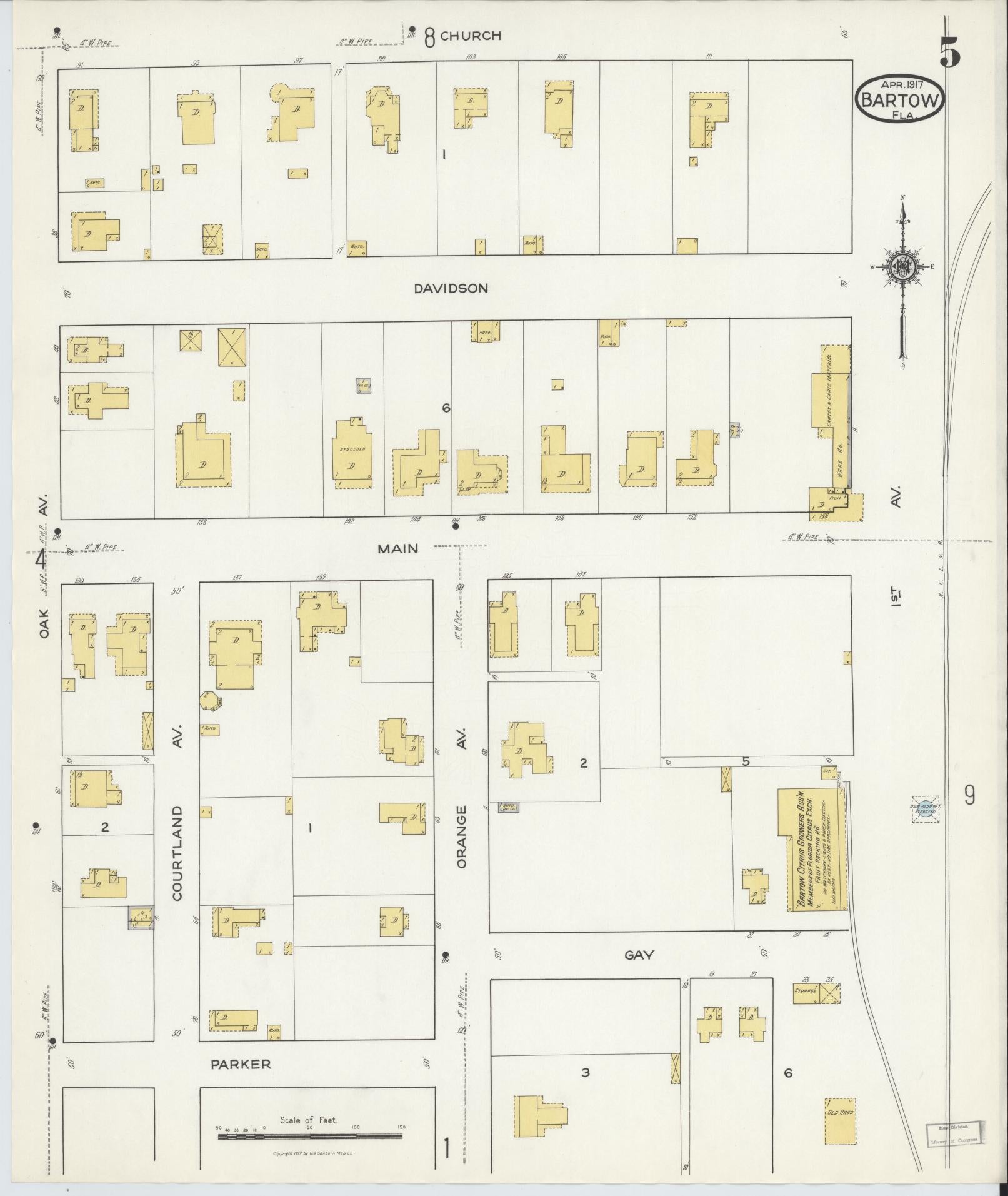 Sanborn Fire Insurance Map from Bartow, Polk County, Florida (1917), Sheet #0005 - Complete Map Set gallery image, historic Sanborn map, vintage wall art, Florida Florida