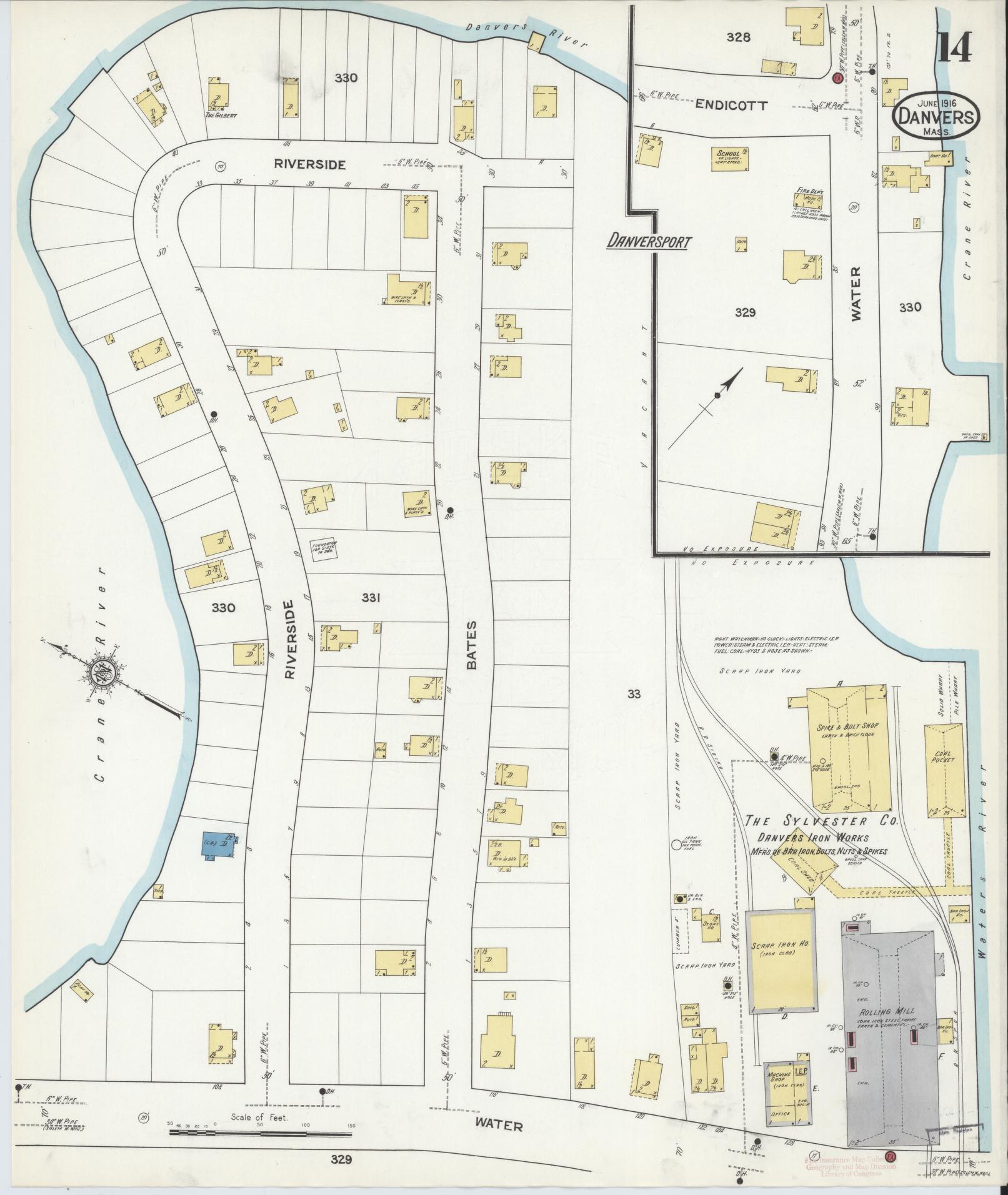 Sanborn Fire Insurance Map from Danvers, Essex County, Massachusetts (1916), Sheet #0014 - Historic Sanborn Fire Insurance Map Print, vintage old map wall art, antique decor, genealogy gift, Massachusetts Massachusetts map