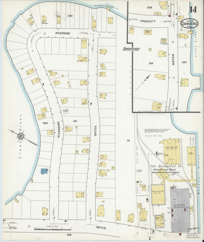 Sanborn Fire Insurance Map from Danvers, Essex County, Massachusetts (1916), Sheet #0014 - Historic Sanborn Fire Insurance Map Print, vintage old map wall art, antique decor, genealogy gift, Massachusetts Massachusetts map