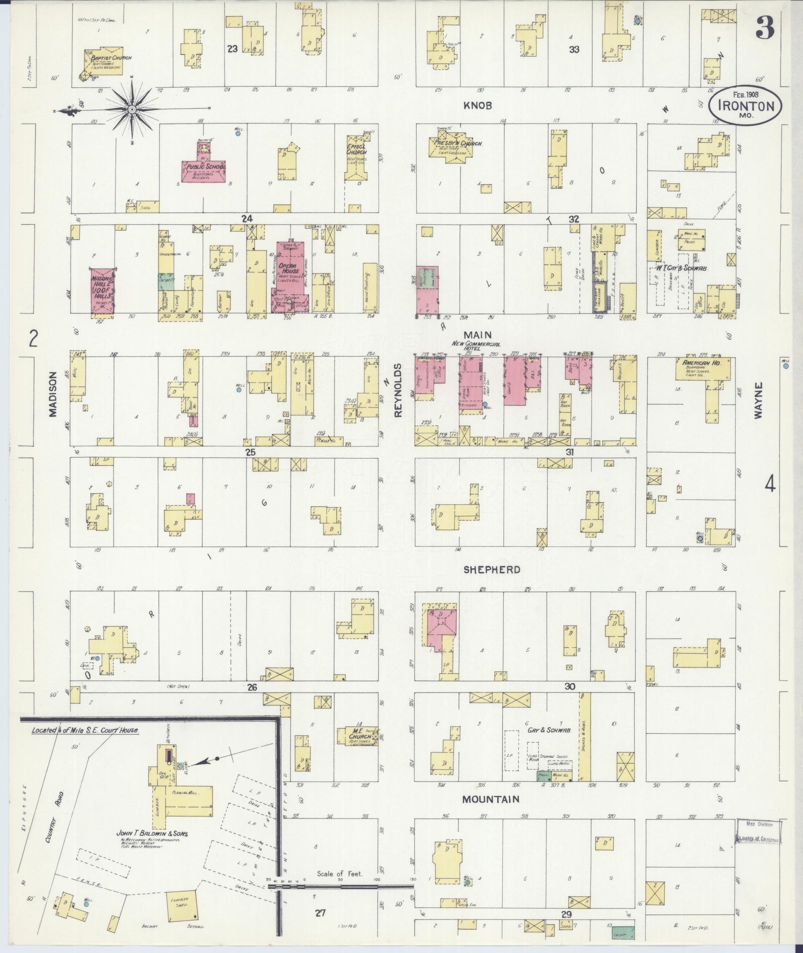 Sanborn Fire Insurance Map from Ironton, Iron County, Missouri (1908), Sheet #0003 - Complete Map Set gallery image, historic Sanborn map, vintage wall art, Missouri Missouri