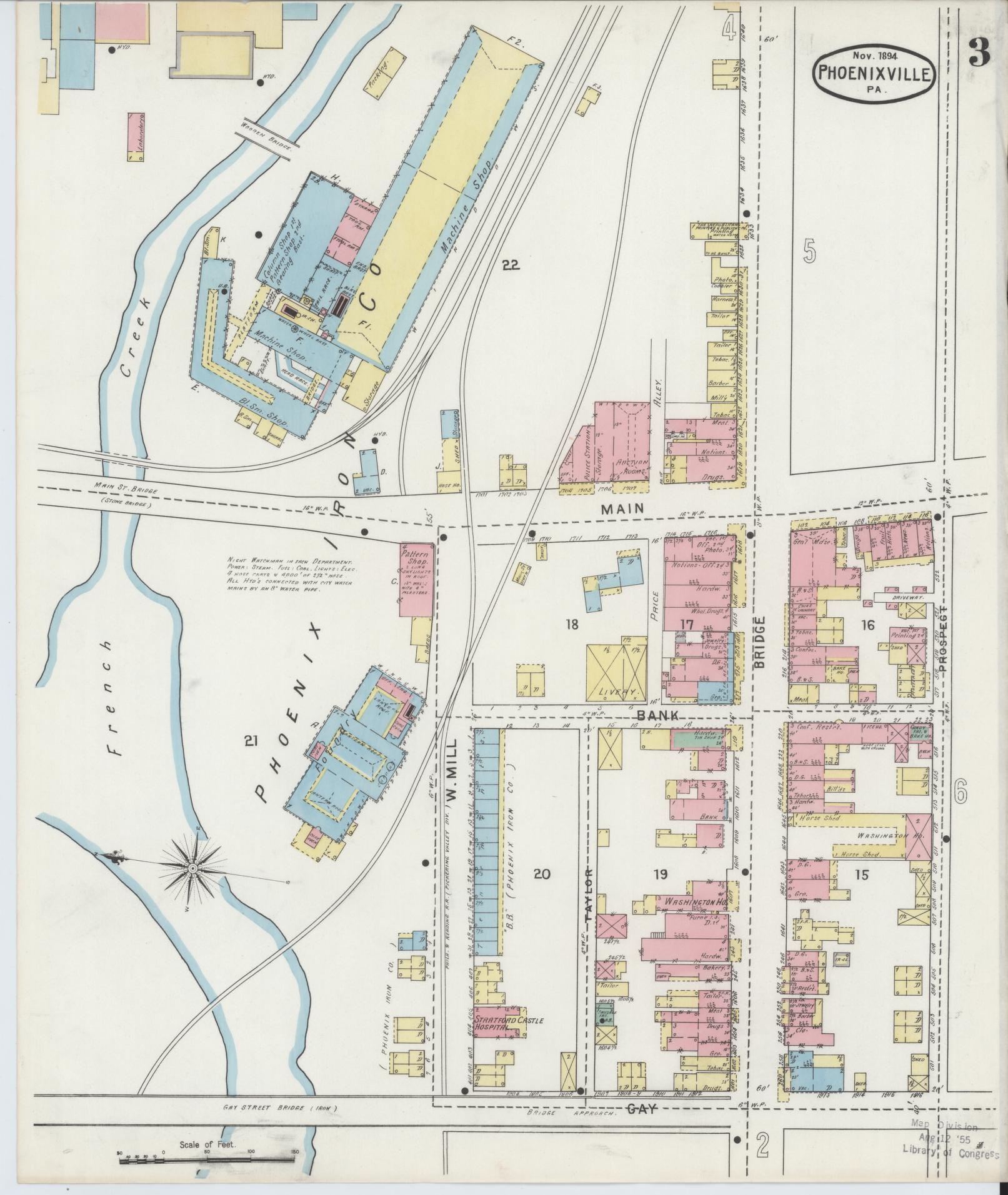 Sanborn Fire Insurance Map from Phoenixville, Chester County, Pennsylvania (1894), Sheet #0003 - Historic Sanborn Fire Insurance Map Print, vintage old map wall art, antique decor, genealogy gift, Pennsylvania Pennsylvania map