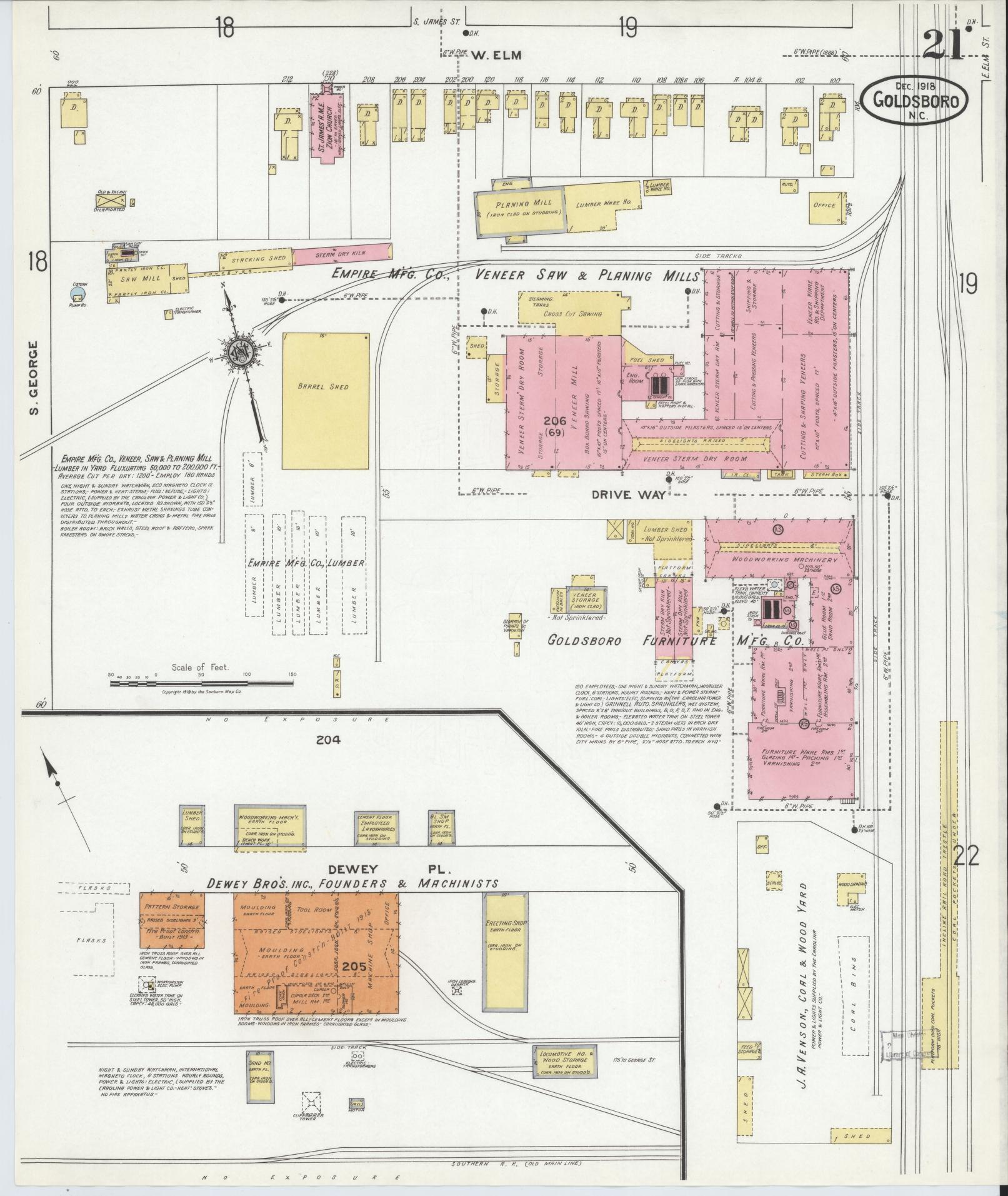 Sanborn Fire Insurance Map from Goldsboro, Wayne County, North Carolina (1918), Sheet #0021 - Complete Map Set gallery image, historic Sanborn map, vintage wall art, North Carolina North Carolina