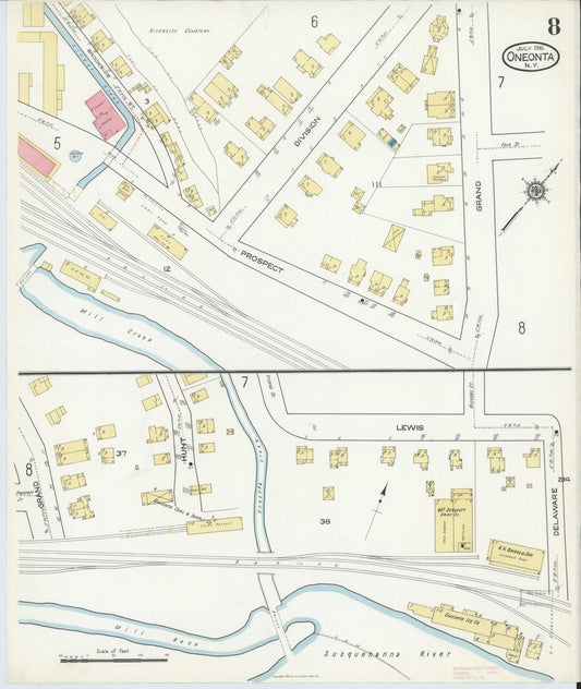 Sanborn Fire Insurance Map from Oneonta, Otsego County, New York (1916), Sheet #0008 - Historic Sanborn Fire Insurance Map Print, vintage old map wall art, antique decor, genealogy gift, New York New York map
