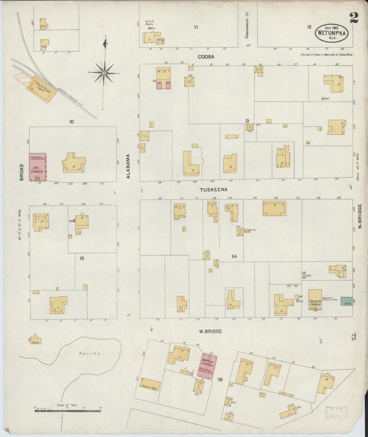 Sanborn Fire Insurance Map from Wetumpka, Elmore County, Alabama (1903), Sheet #0002 - Historic Sanborn Fire Insurance Map Print, vintage old map wall art, antique decor, genealogy gift, Alabama Alabama map