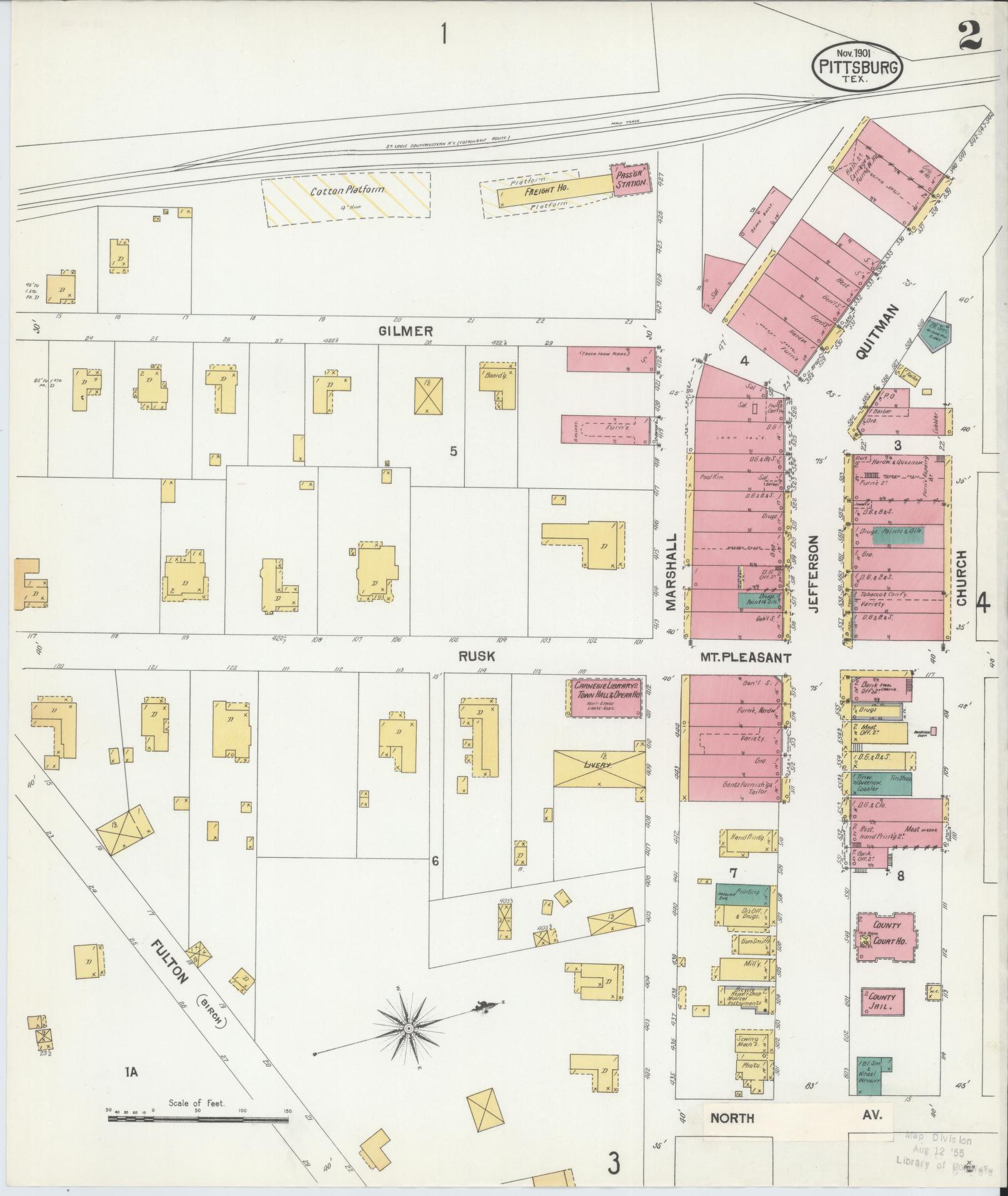 Sanborn Fire Insurance Map from Pittsburg, Camp County, Texas (1901), Sheet #0002 - Historic Sanborn Fire Insurance Map Print, vintage old map wall art, antique decor, genealogy gift, Texas Texas map