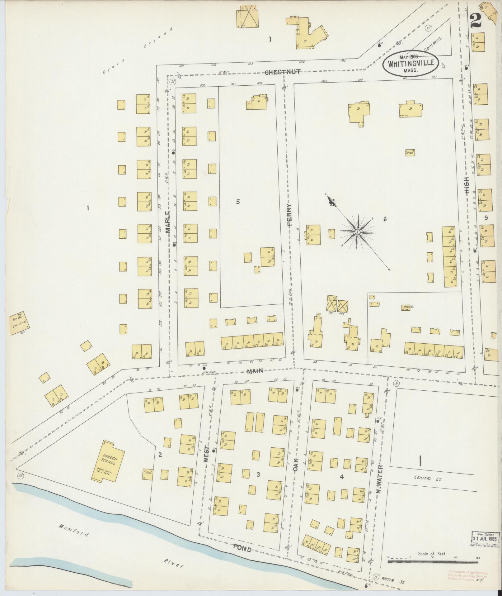 Sanborn Fire Insurance Map from Whitinsville, Worcester County, Massachusetts (1903), Sheet #0002 - Historic Sanborn Fire Insurance Map Print, vintage old map wall art, antique decor, genealogy gift, Massachusetts Massachusetts map