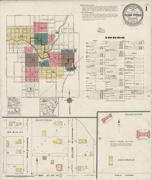 Sanborn Fire Insurance Map from Siloam Springs, Benton County, Arkansas (1922), Sheet #0001 - Historic Sanborn Fire Insurance Map Print, vintage old map wall art, antique decor, genealogy gift, Arkansas Arkansas map