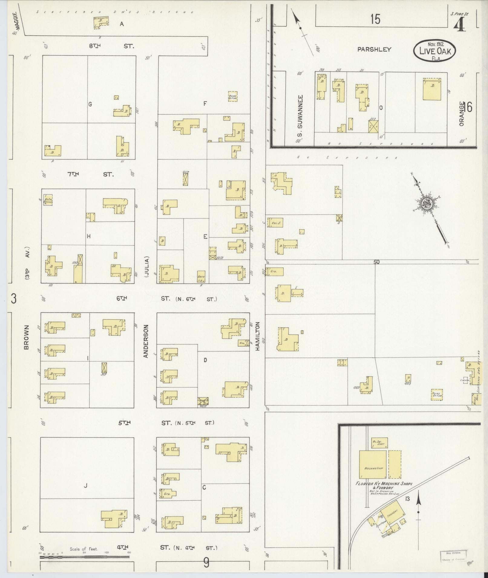 Sanborn Fire Insurance Map from Live Oak, Suwanee County, Florida (1912), Sheet #0004 - Complete Map Set gallery image, historic Sanborn map, vintage wall art, Florida Florida