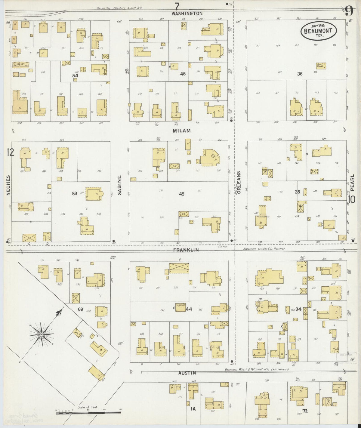 Sanborn Fire Insurance Map from Beaumont, Jefferson County, Texas (1899), Sheet #0009 - Complete Map Set gallery image, historic Sanborn map, vintage wall art, Texas Texas