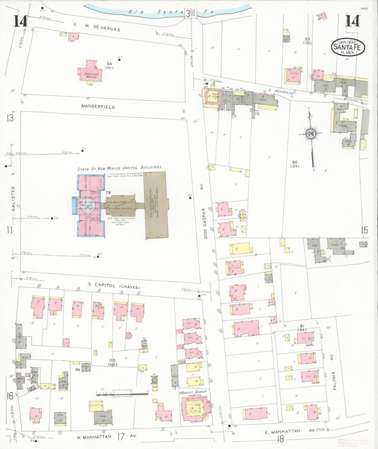 Sanborn Fire Insurance Map from Santa Fe, Santa Fe County, New Mexico (1930), Sheet #0014 - Historic Sanborn Fire Insurance Map Print, vintage old map wall art, antique decor, genealogy gift, New Mexico New Mexico map