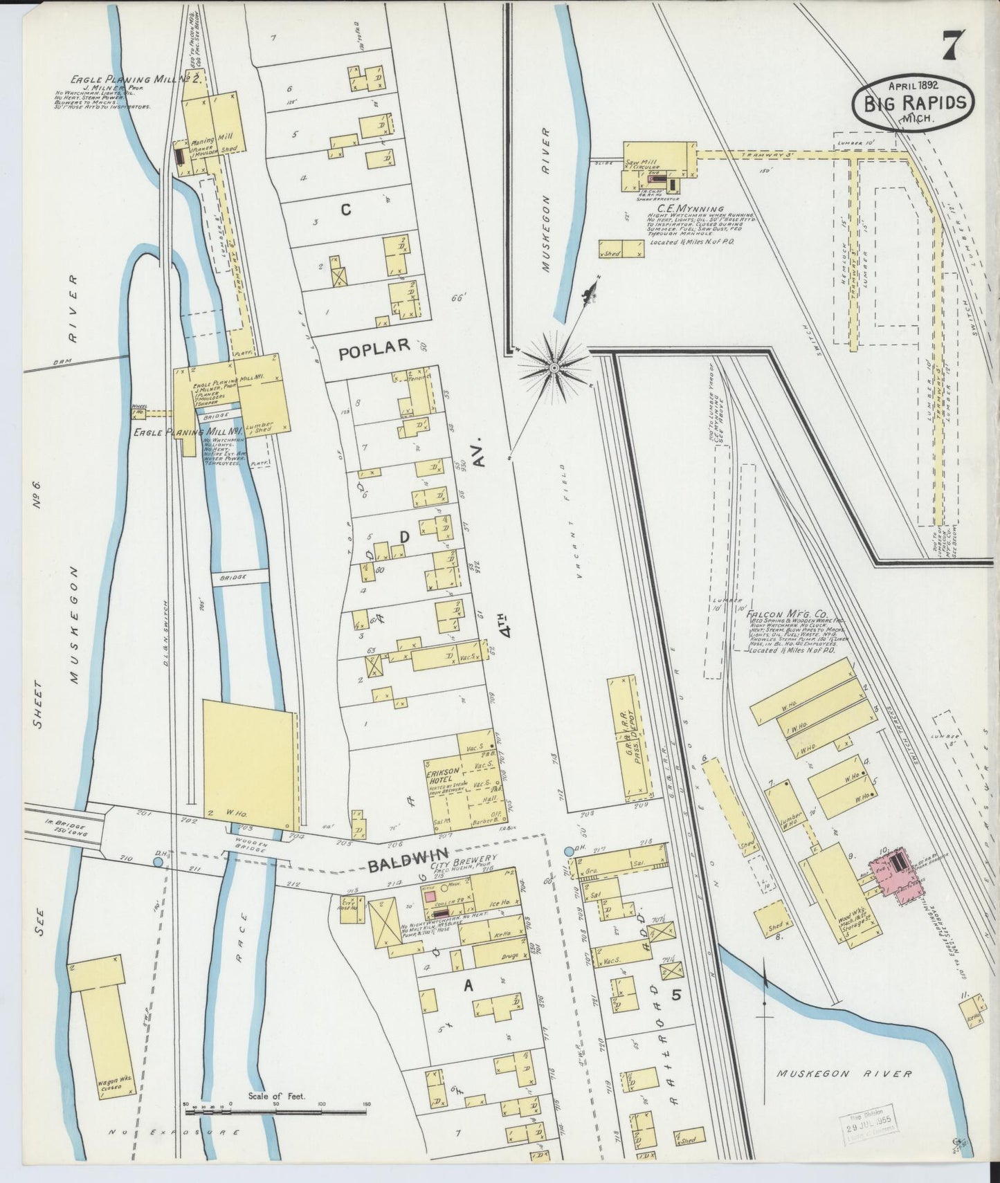 Sanborn Fire Insurance Map from Big Rapids, Mecosta County, Michigan (1892), Sheet #0007 - Complete Map Set gallery image, historic Sanborn map, vintage wall art, Michigan Michigan