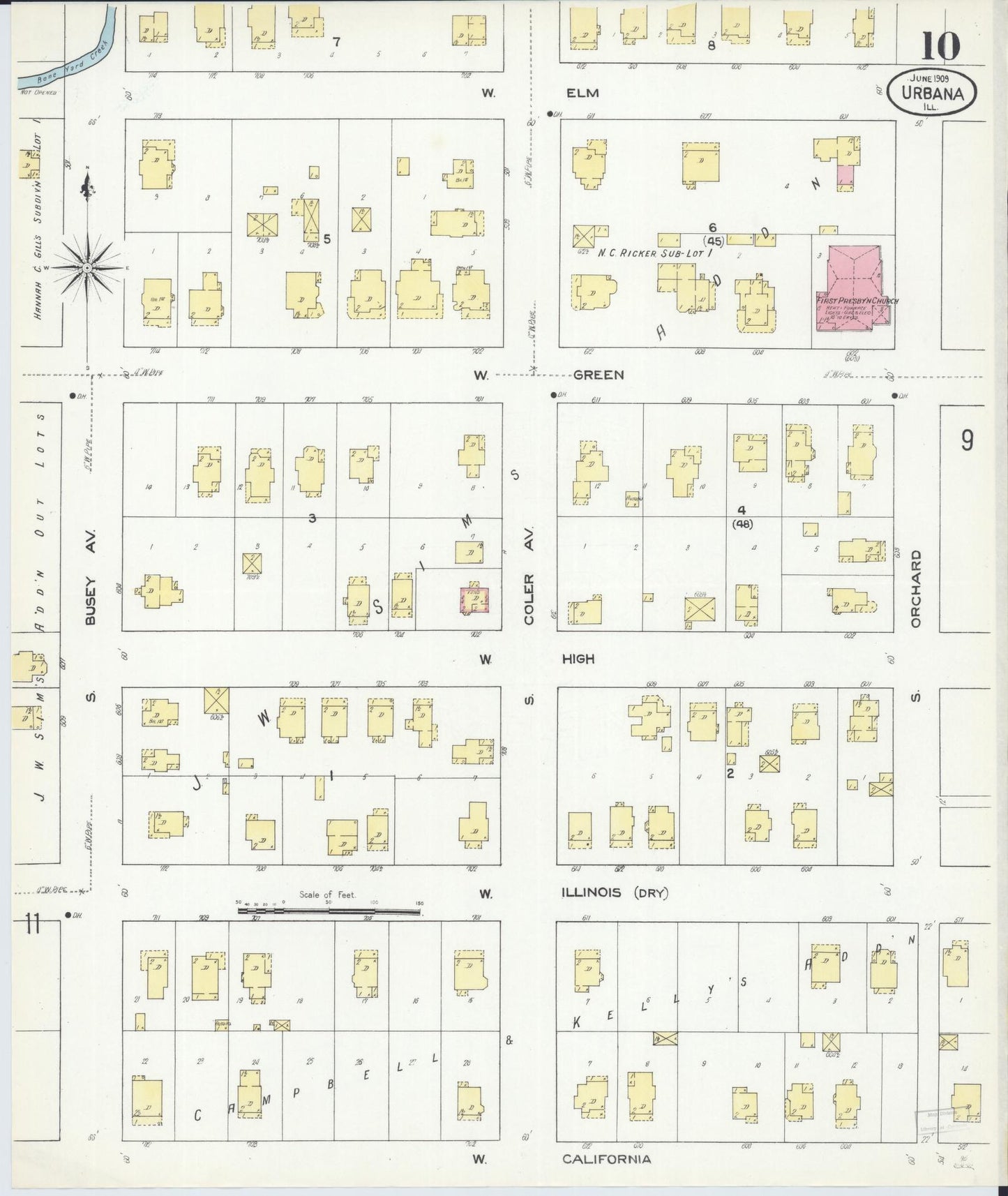 Sanborn Fire Insurance Map from Urbana, Champaign County, Illinois (1909), Sheet #0010 - Historic Sanborn Fire Insurance Map Print, vintage old map wall art, antique decor, genealogy gift, Illinois Illinois map