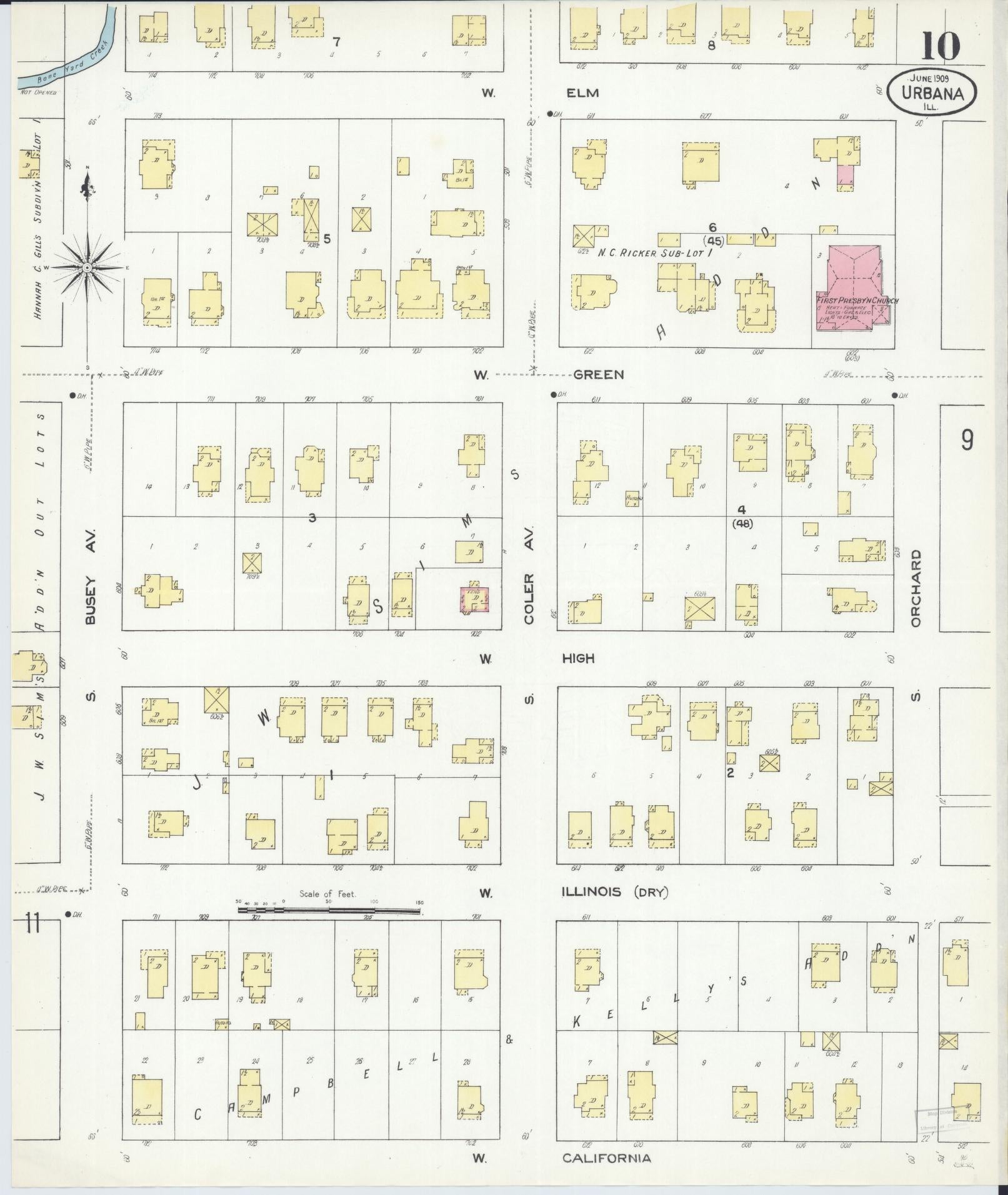Sanborn Fire Insurance Map from Urbana, Champaign County, Illinois (1909), Sheet #0010 - Historic Sanborn Fire Insurance Map Print, vintage old map wall art, antique decor, genealogy gift, Illinois Illinois map