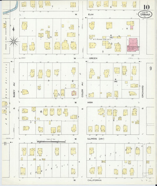 Sanborn Fire Insurance Map from Urbana, Champaign County, Illinois (1909), Sheet #0010 - Historic Sanborn Fire Insurance Map Print, vintage old map wall art, antique decor, genealogy gift, Illinois Illinois map