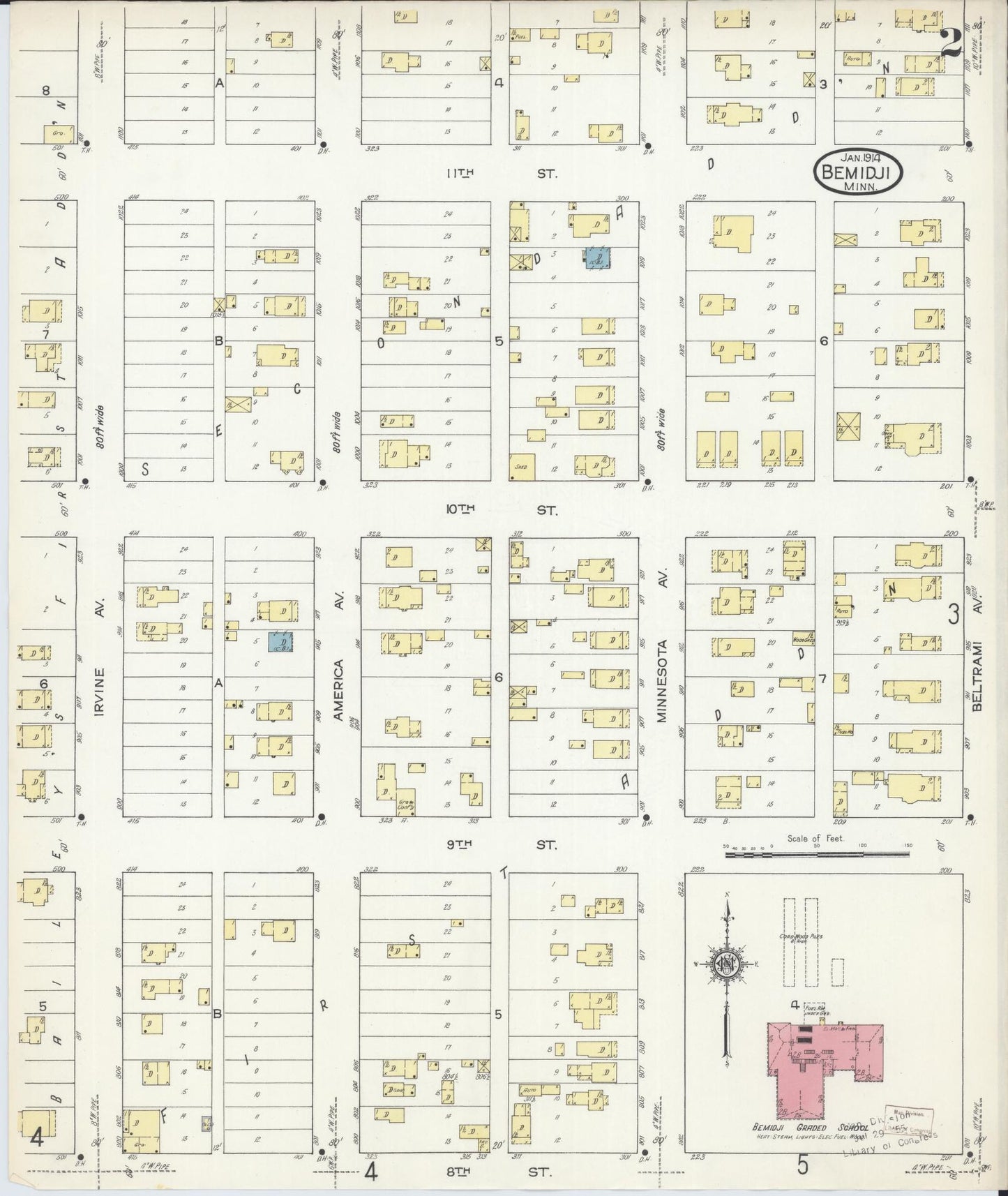 Sanborn Fire Insurance Map from Bemidji, Beltrami County, Minnesota (1914), Sheet #0002 - Historic Sanborn Fire Insurance Map Print, vintage old map wall art, antique decor, genealogy gift, Minnesota Minnesota map