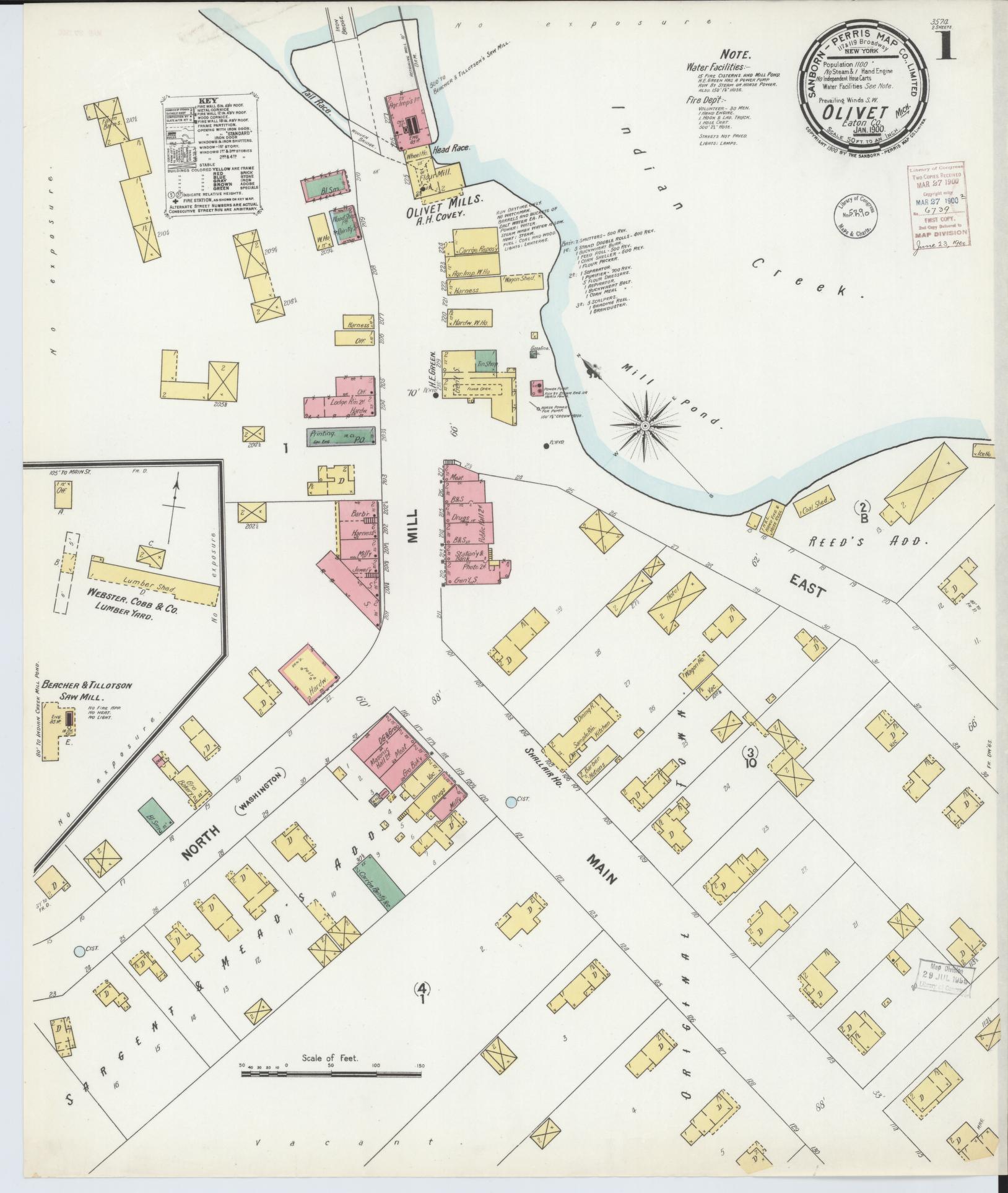 Sanborn Fire Insurance Map from Olivet, Eaton County, Michigan (1900), Sheet #0001 - Complete Map Set gallery image, historic Sanborn map, vintage wall art, Michigan Michigan